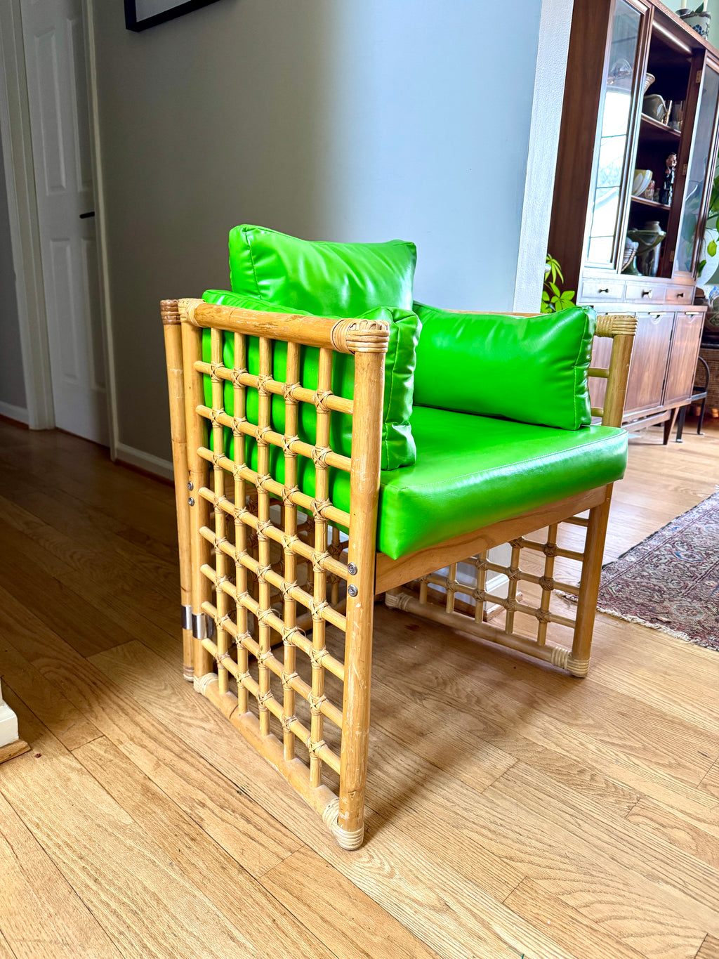 1970's Thayer Coggin Bamboo Chair | Lime Green Vinyl and Bamboo Chair