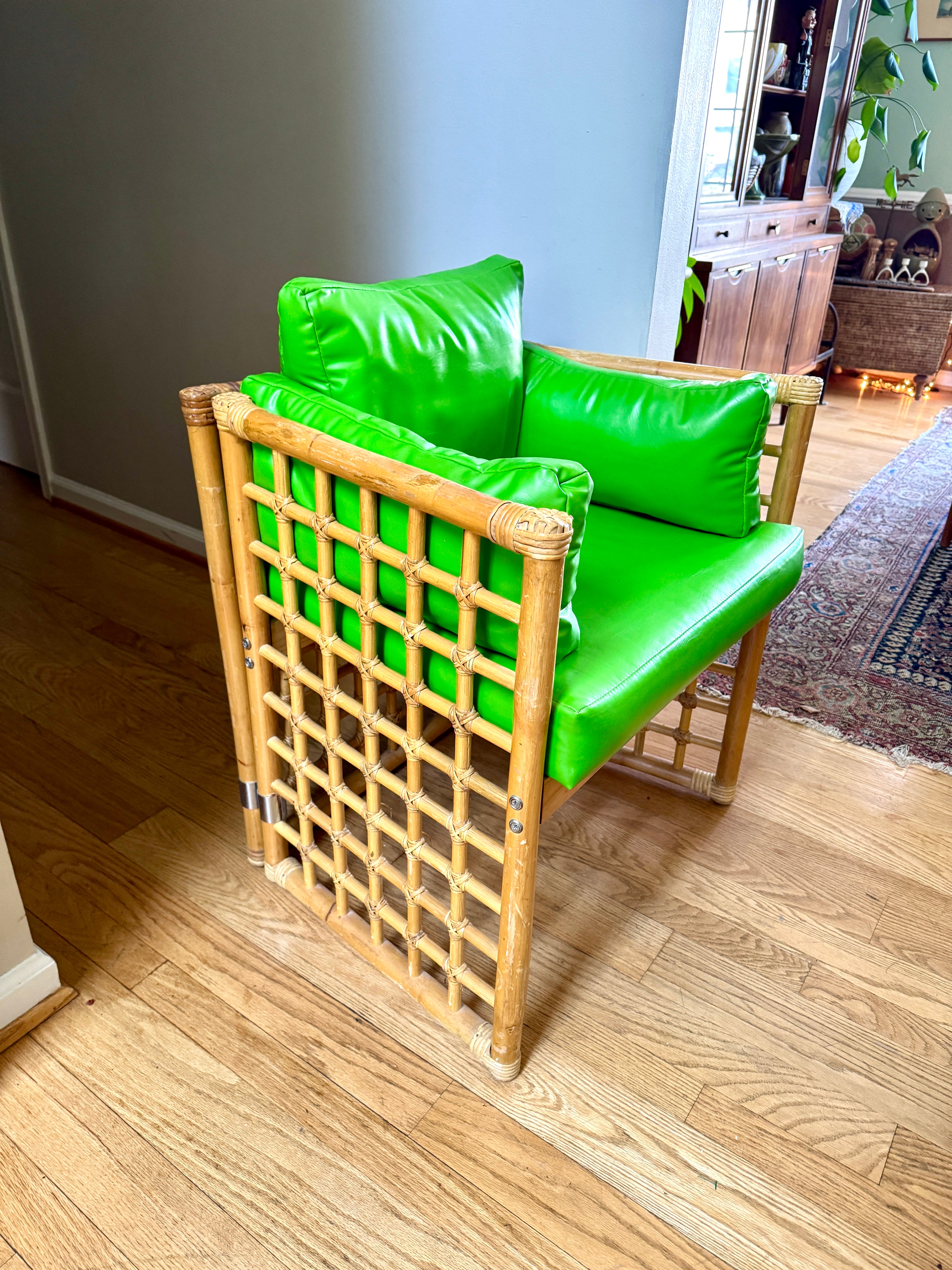 1970's Thayer Coggin Bamboo Chair | Lime Green Vinyl and Bamboo Chair