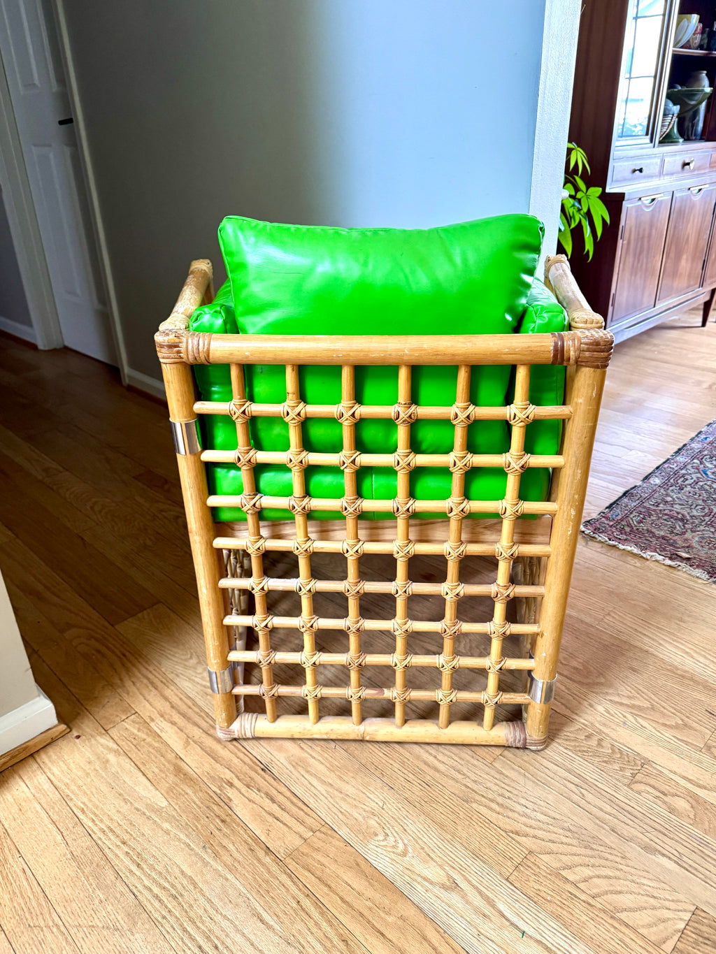 1970's Thayer Coggin Bamboo Chair | Lime Green Vinyl and Bamboo Chair