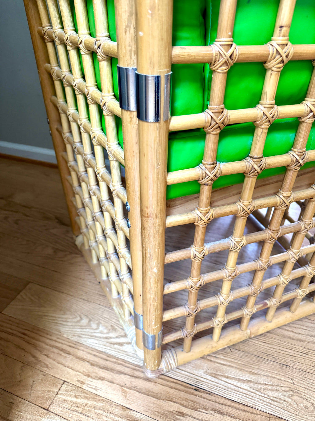 1970's Thayer Coggin Bamboo Chair | Lime Green Vinyl and Bamboo Chair