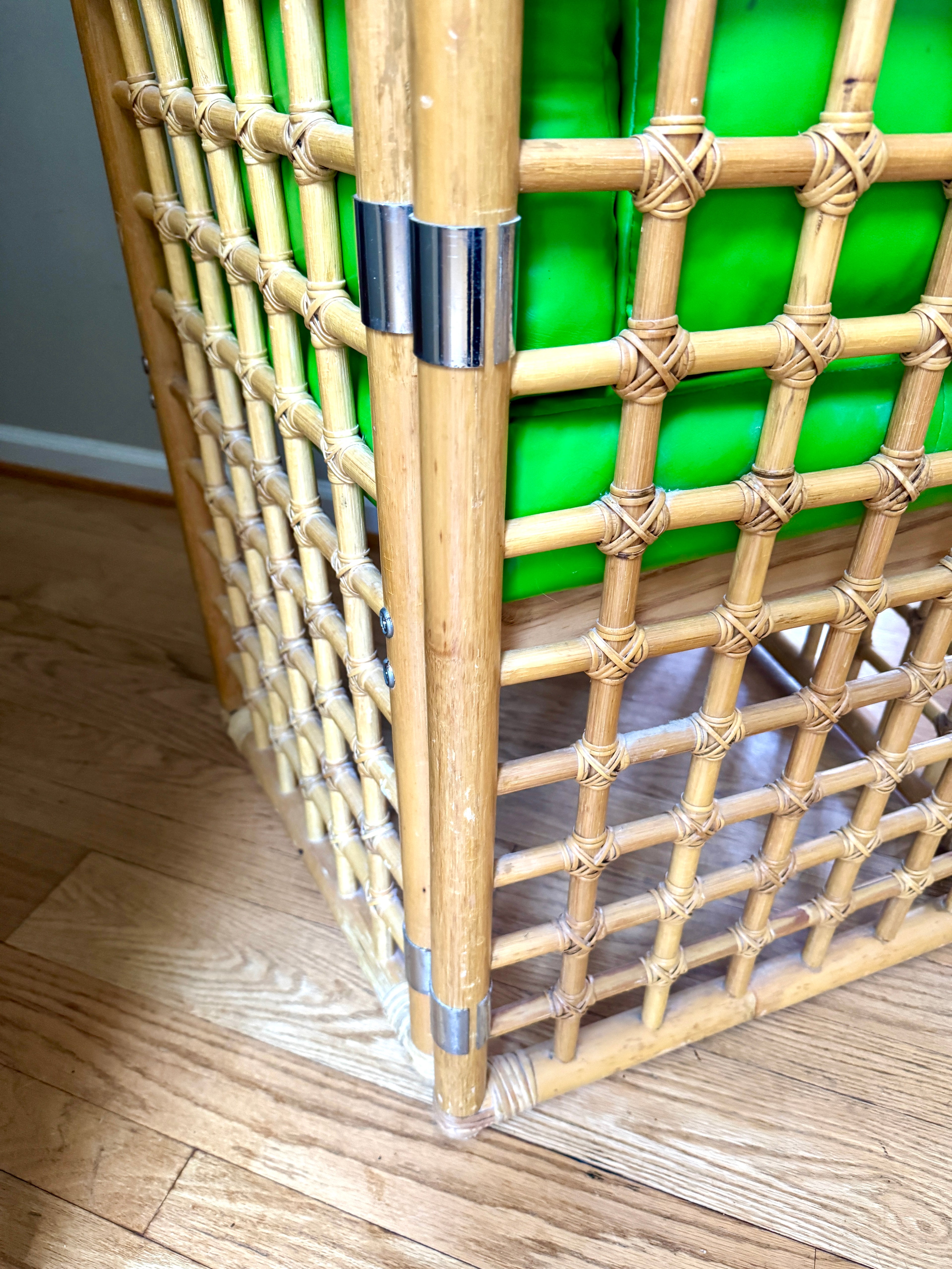 1970's Thayer Coggin Bamboo Chair | Lime Green Vinyl and Bamboo Chair