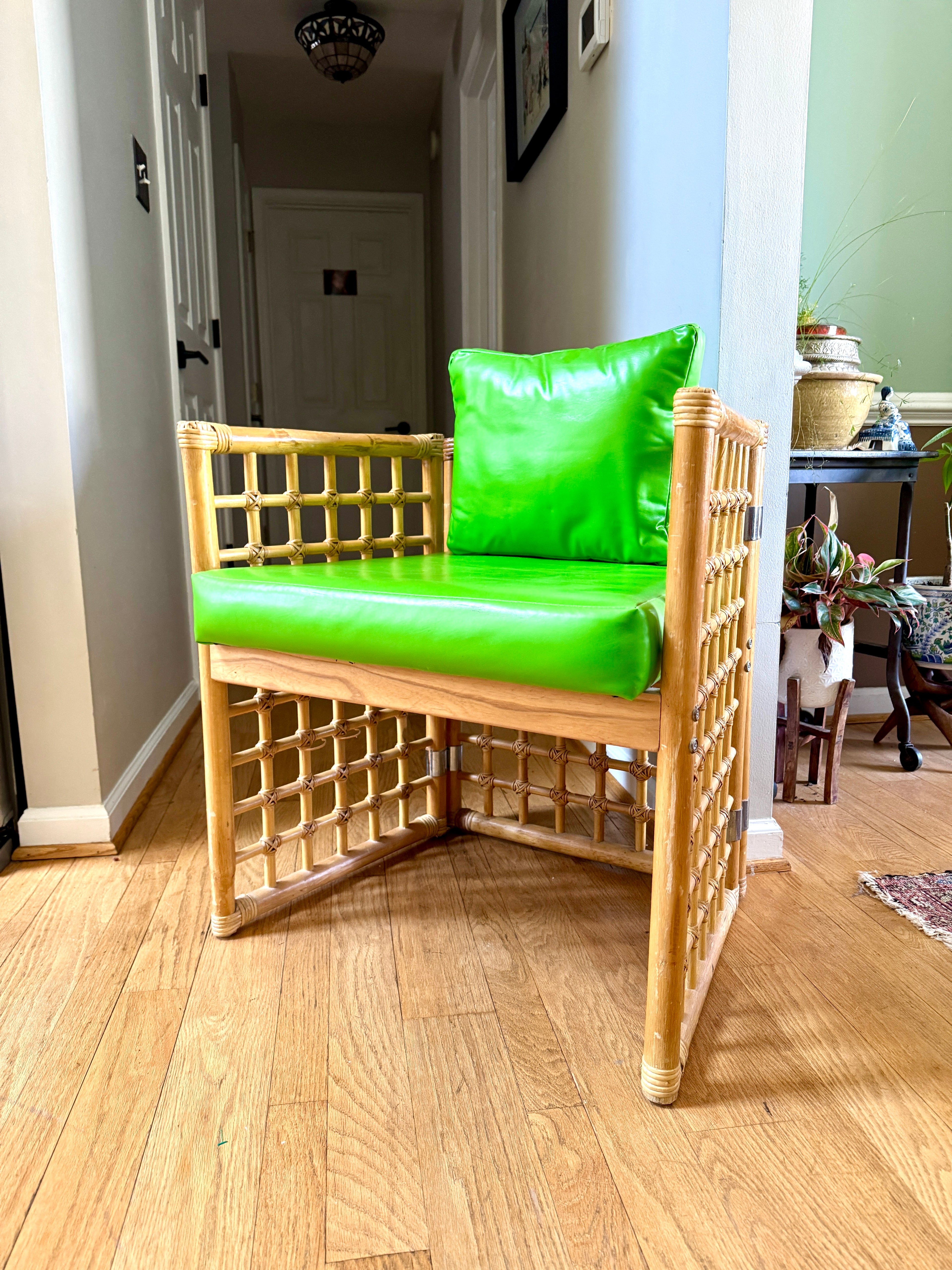 1970's Thayer Coggin Bamboo Chair | Lime Green Vinyl and Bamboo Chair
