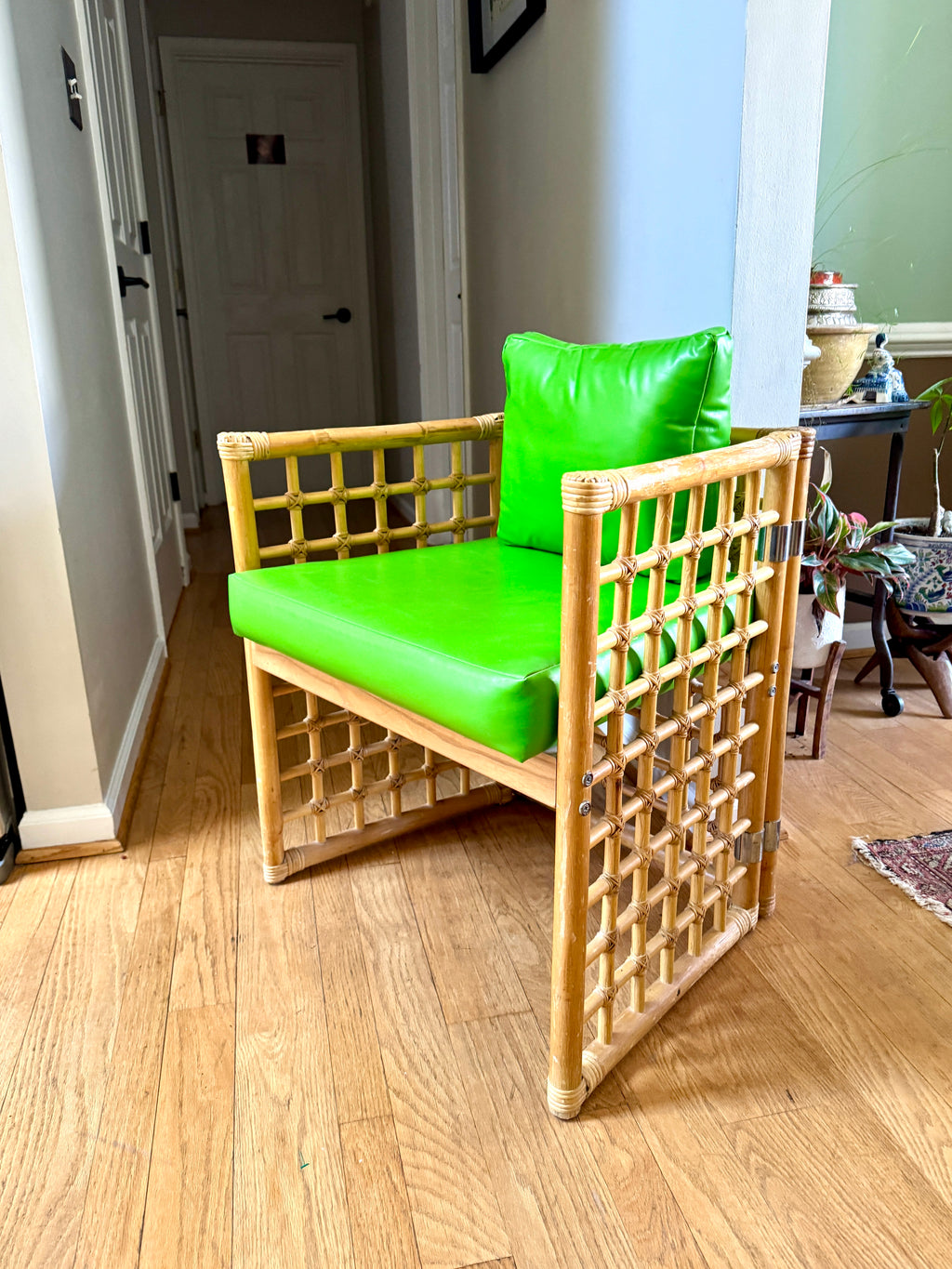 1970's Thayer Coggin Bamboo Chair | Lime Green Vinyl and Bamboo Chair