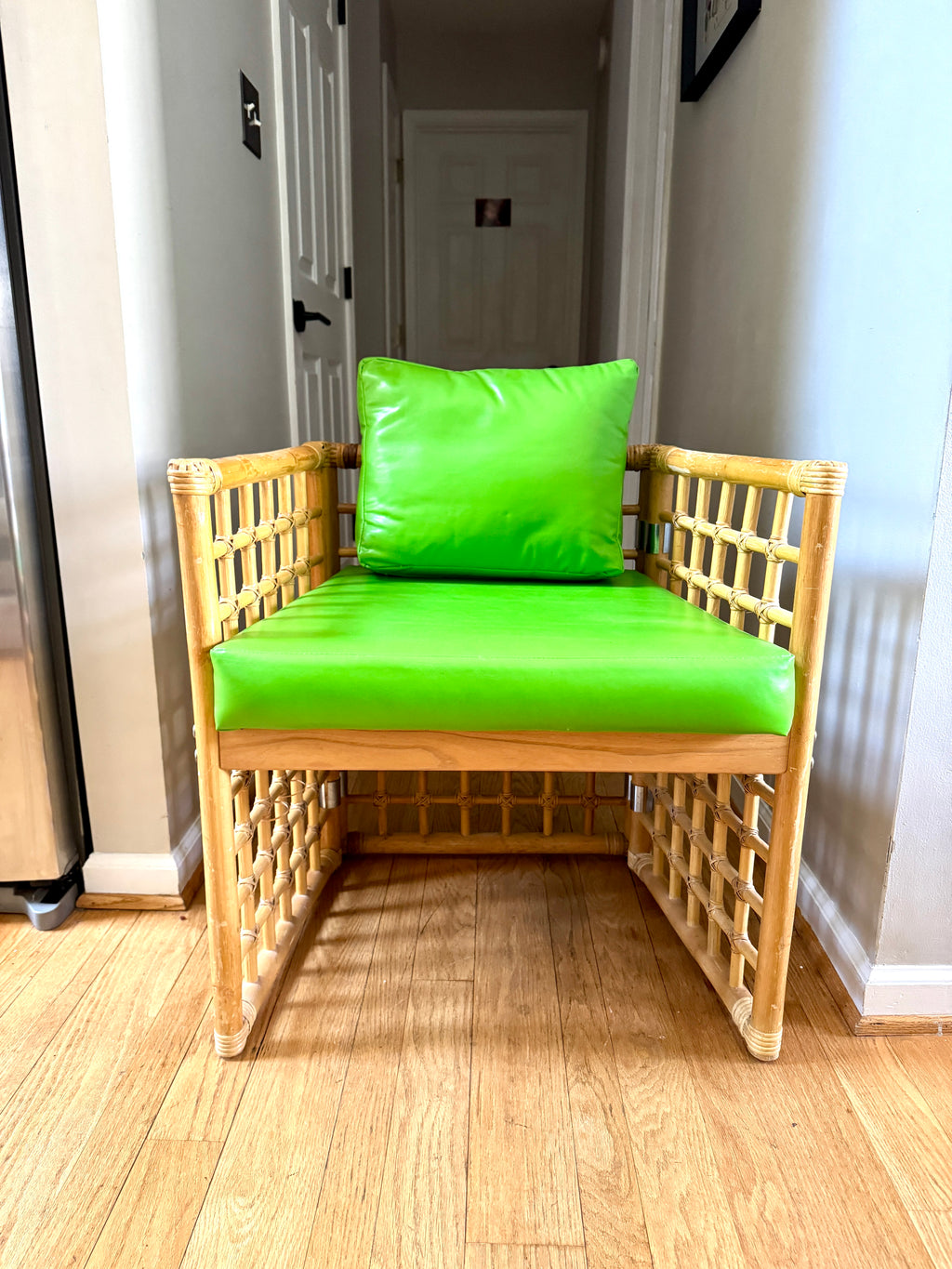 1970's Thayer Coggin Bamboo Chair | Lime Green Vinyl and Bamboo Chair