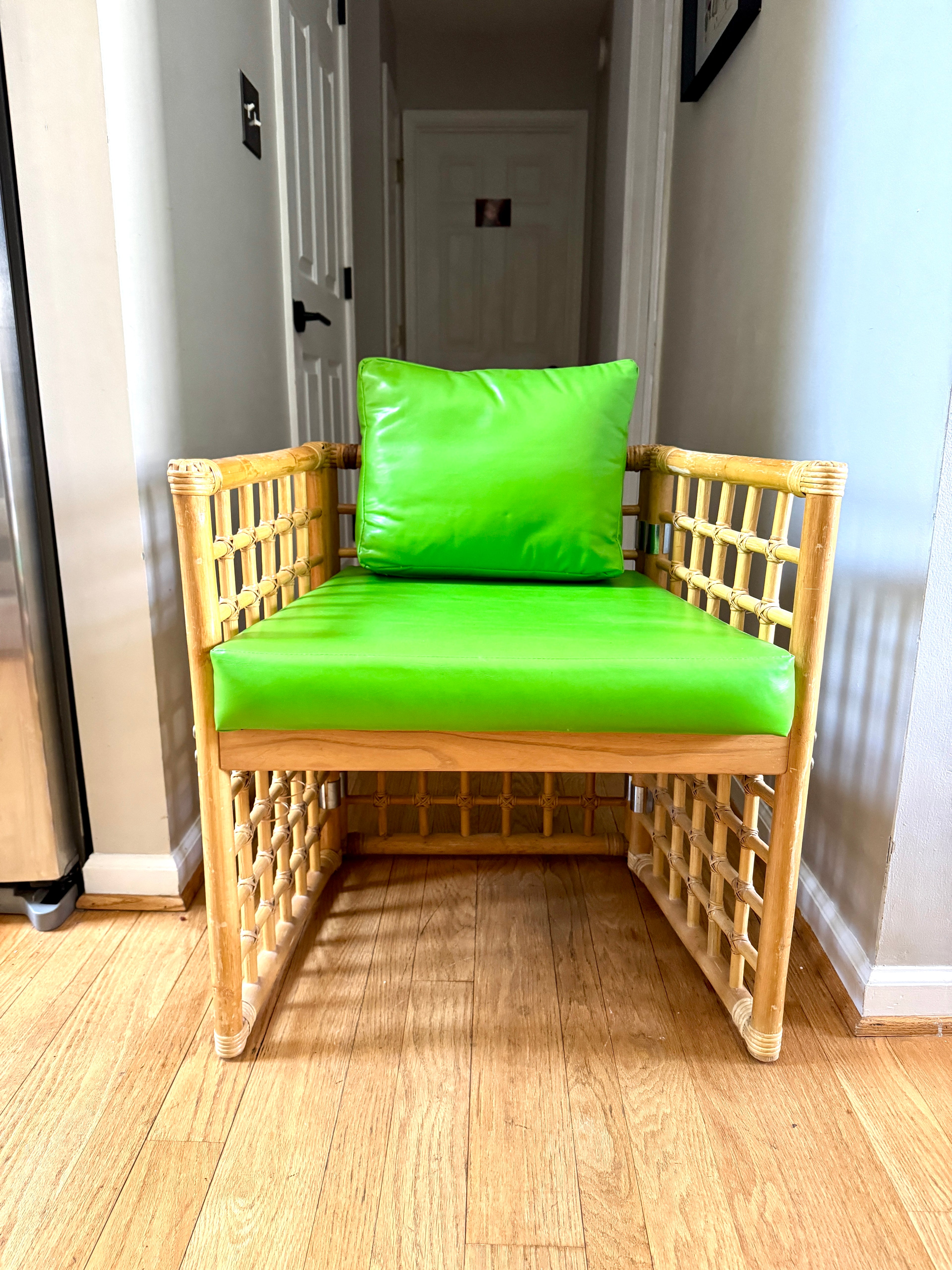 1970's Thayer Coggin Bamboo Chair | Lime Green Vinyl and Bamboo Chair