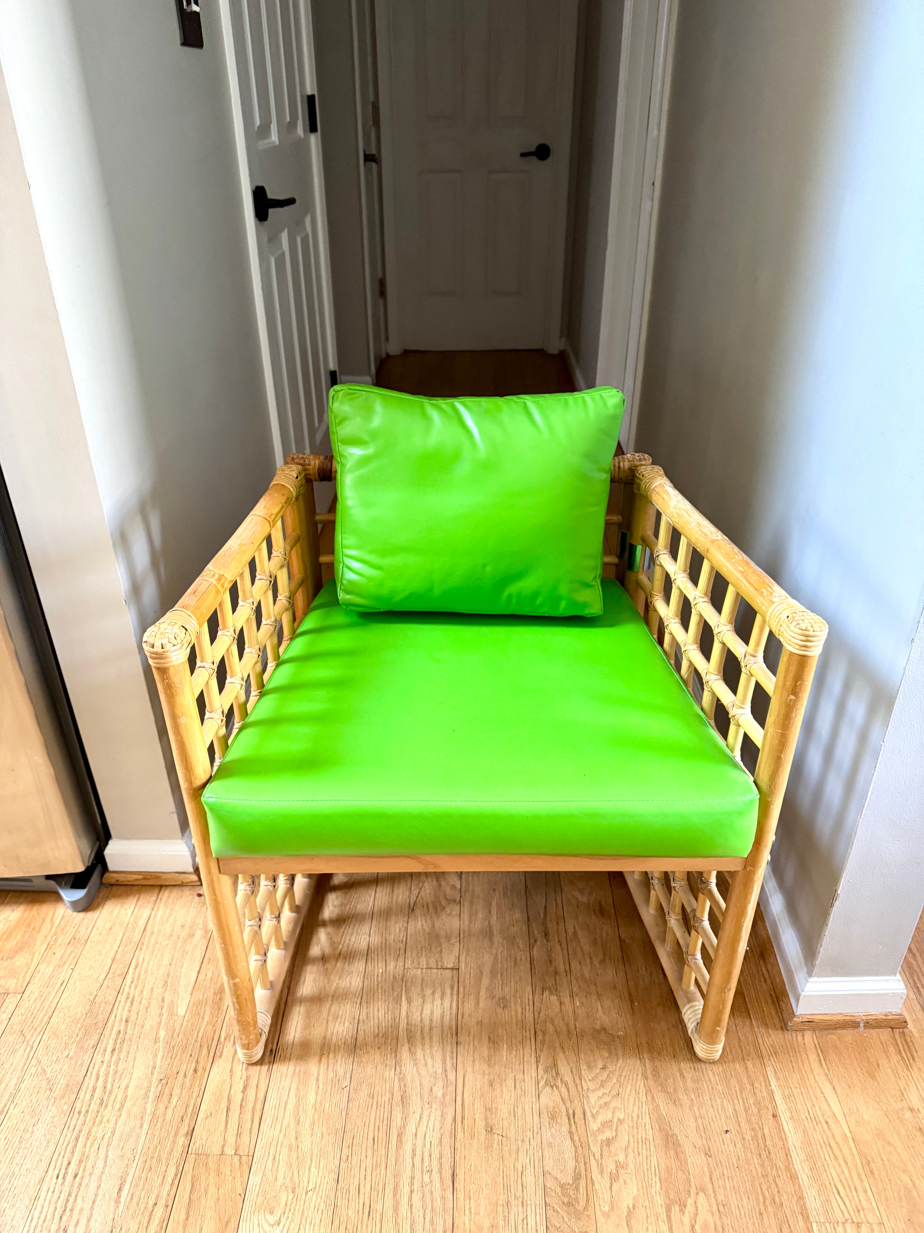 1970's Thayer Coggin Bamboo Chair | Lime Green Vinyl and Bamboo Chair