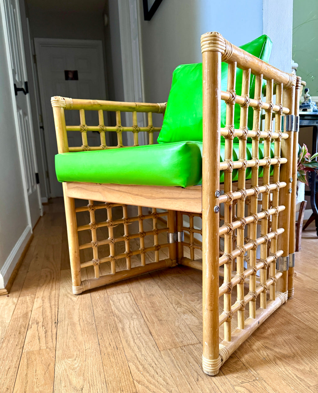 1970's Thayer Coggin Bamboo Chair | Lime Green Vinyl and Bamboo Chair