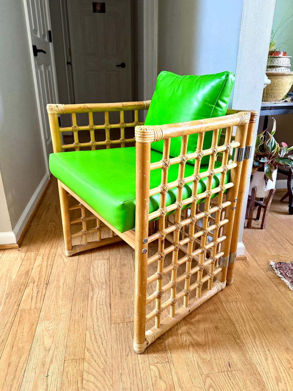 1970's Thayer Coggin Bamboo Chair | Lime Green Vinyl and Bamboo Chair