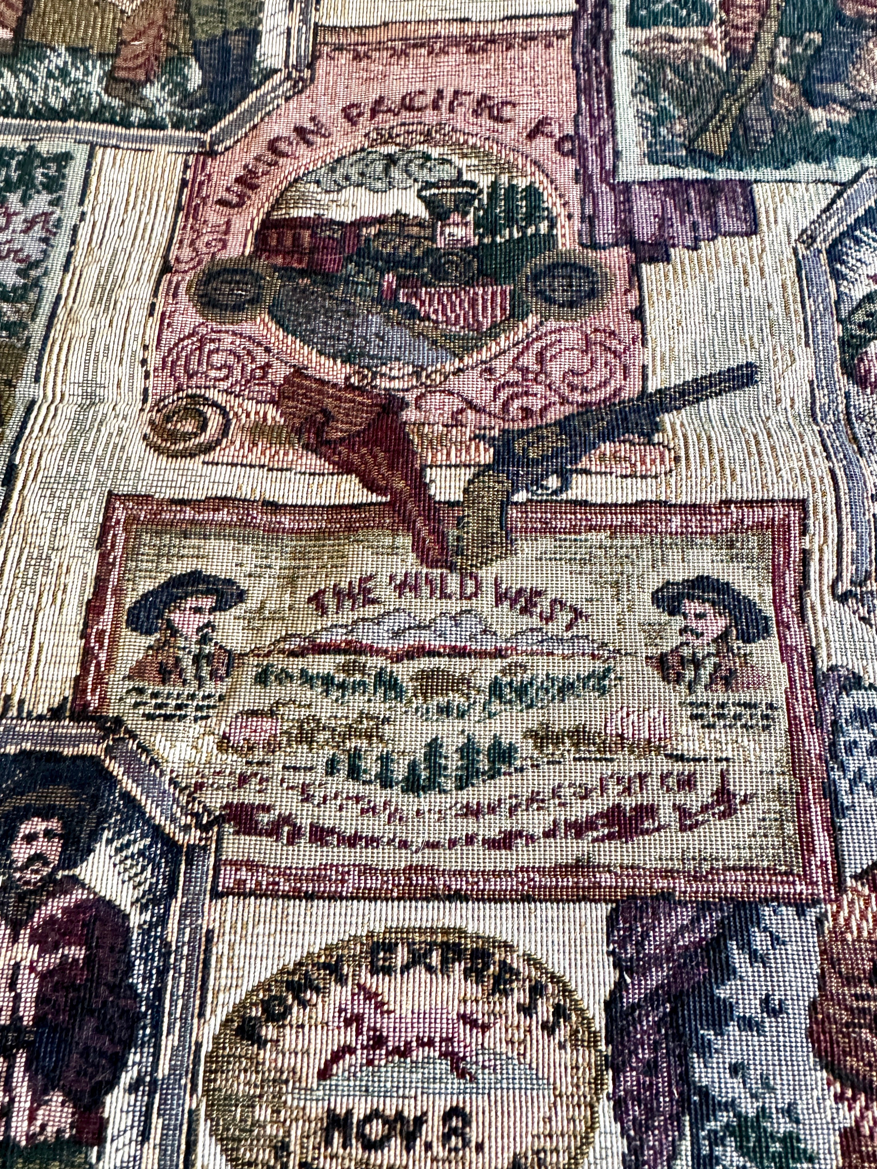 Vtg Wild West Needlepoint 35" x 21 1/2" Fabric ~ Western Needlepoint Fabric