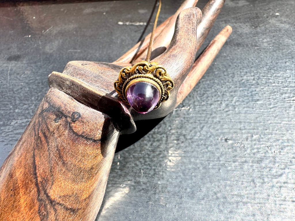 1800's Victorian 14k Gold Ornate Long Hair Pin with Amethyst Stone