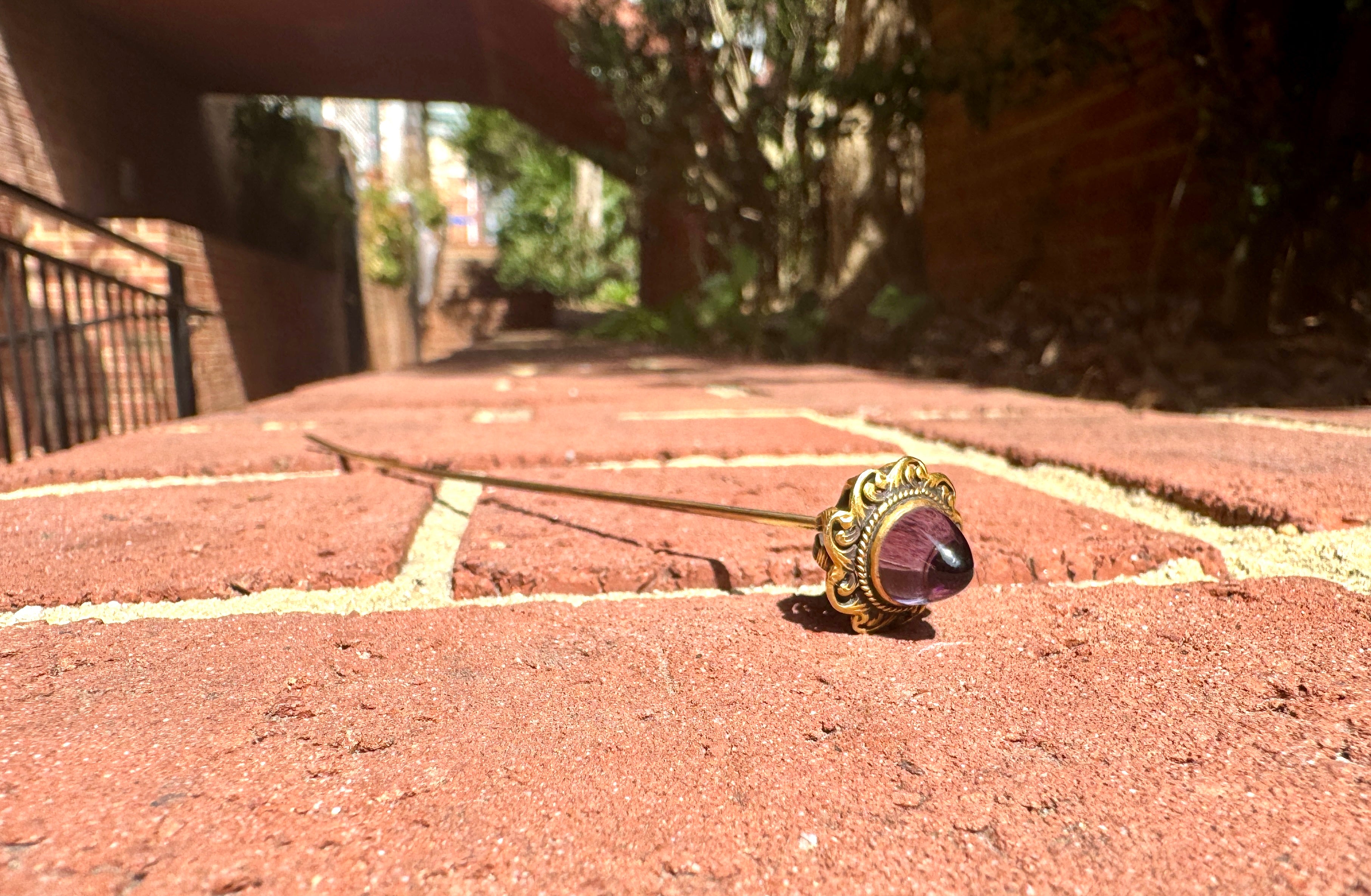 1800's Victorian 14k Gold Ornate Long Hair Pin with Amethyst Stone