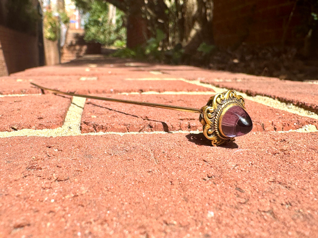1800's Victorian 14k Gold Ornate Long Hair Pin with Amethyst Stone