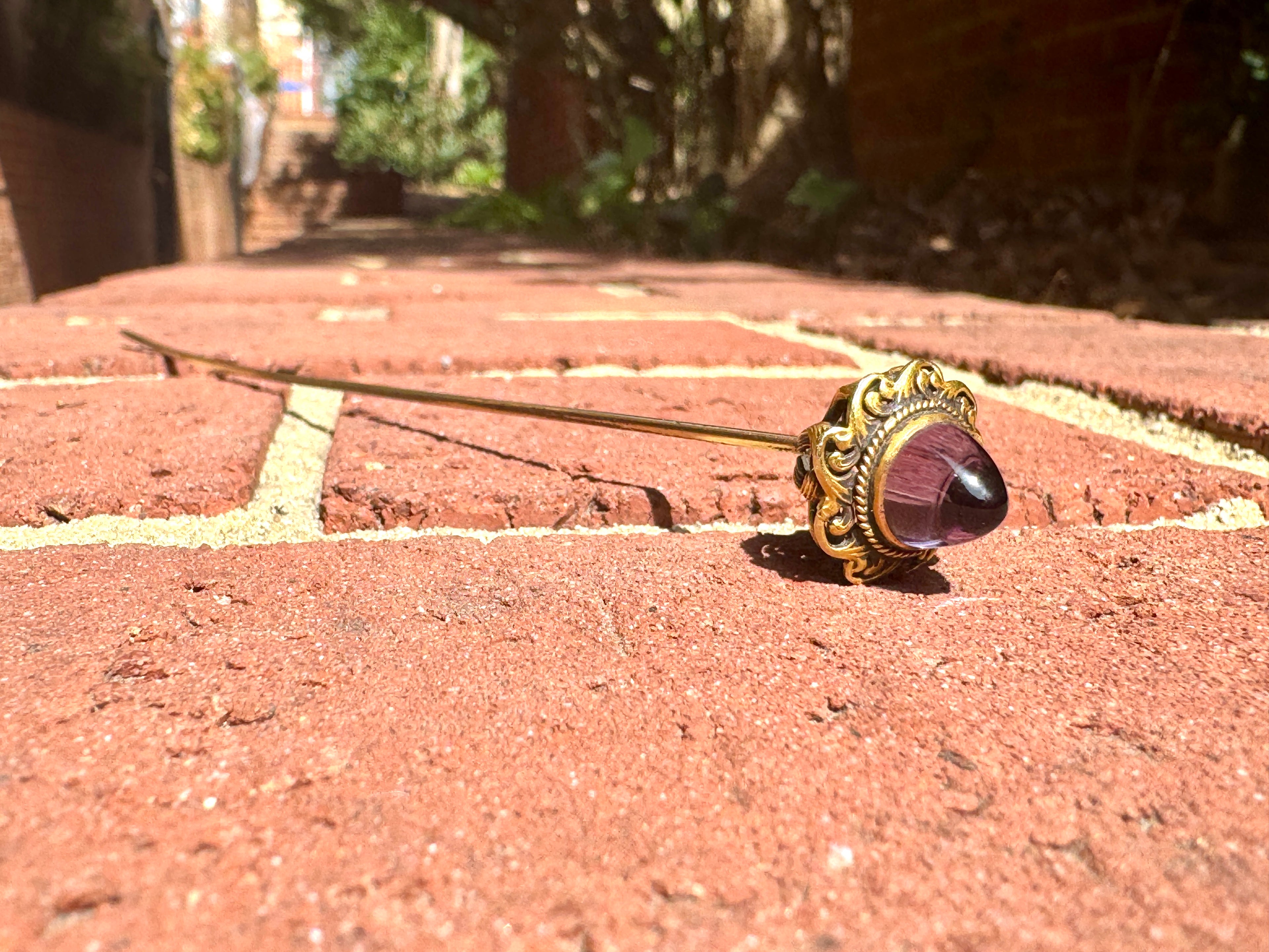 1800's Victorian 14k Gold Ornate Long Hair Pin with Amethyst Stone
