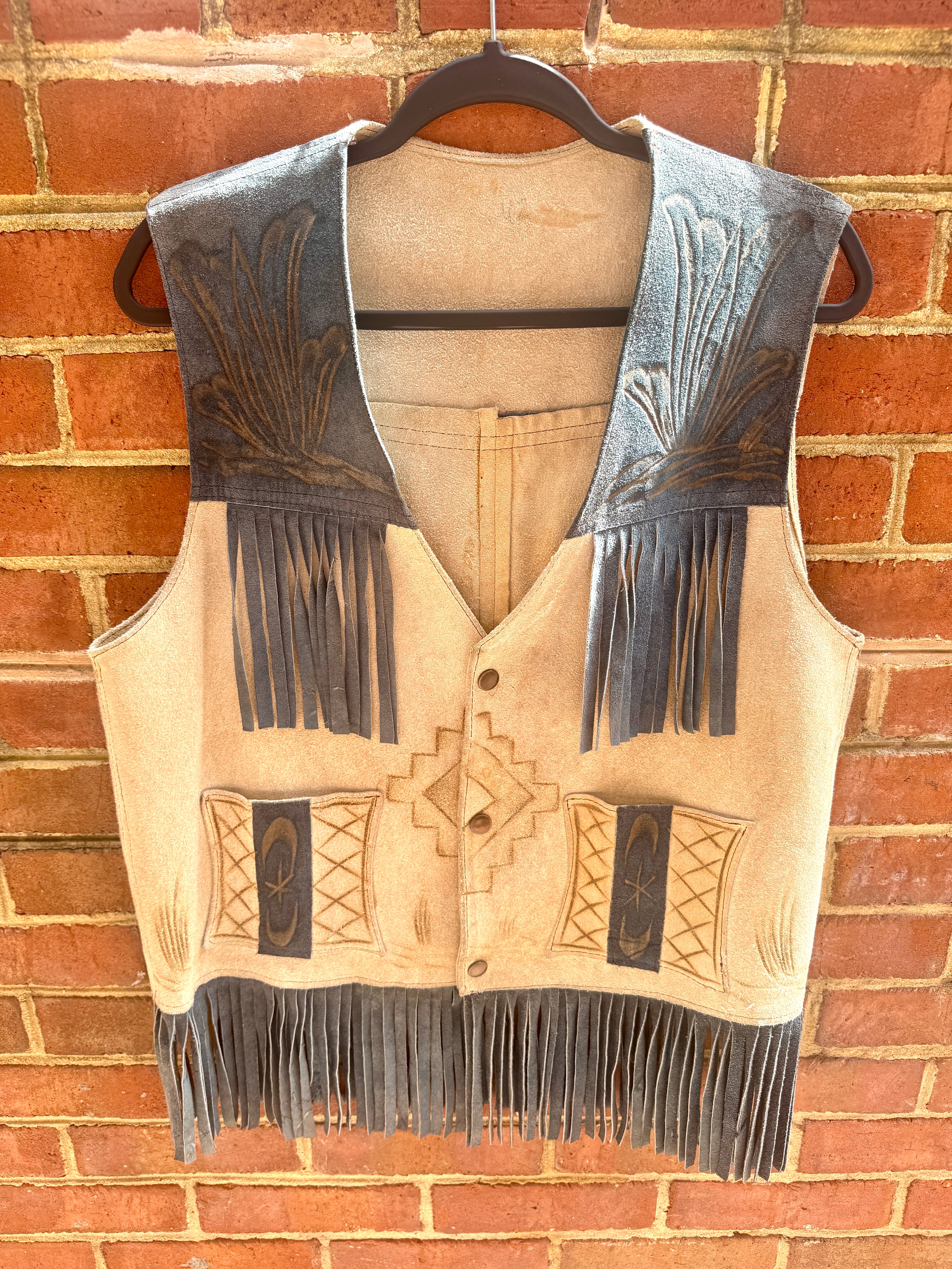 Vtg Suede Fringe Pyrography Rooster Vest | Blue Fringe and Yoke Western Style Vest