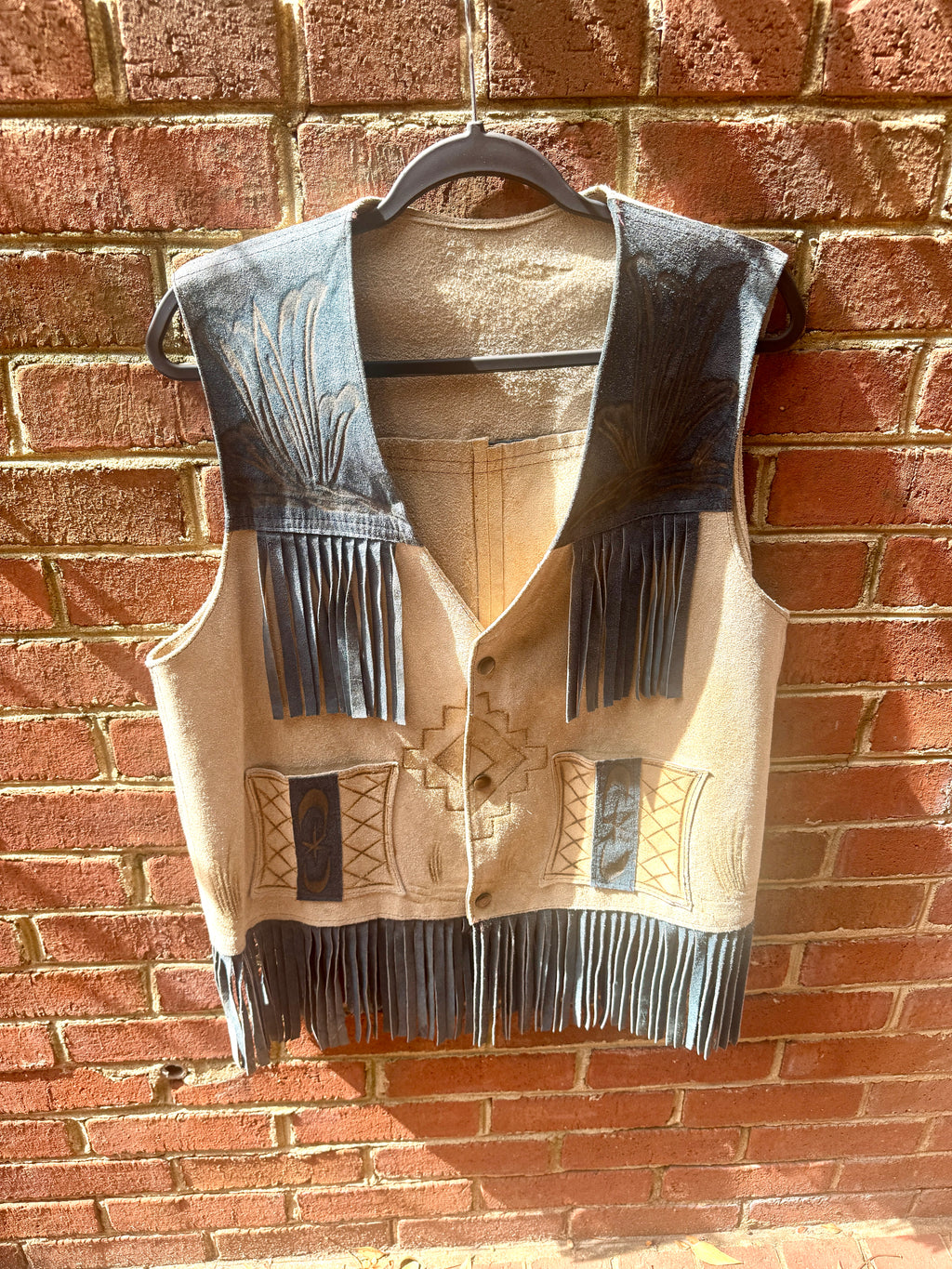 Vtg Suede Fringe Pyrography Rooster Vest | Blue Fringe and Yoke Western Style Vest
