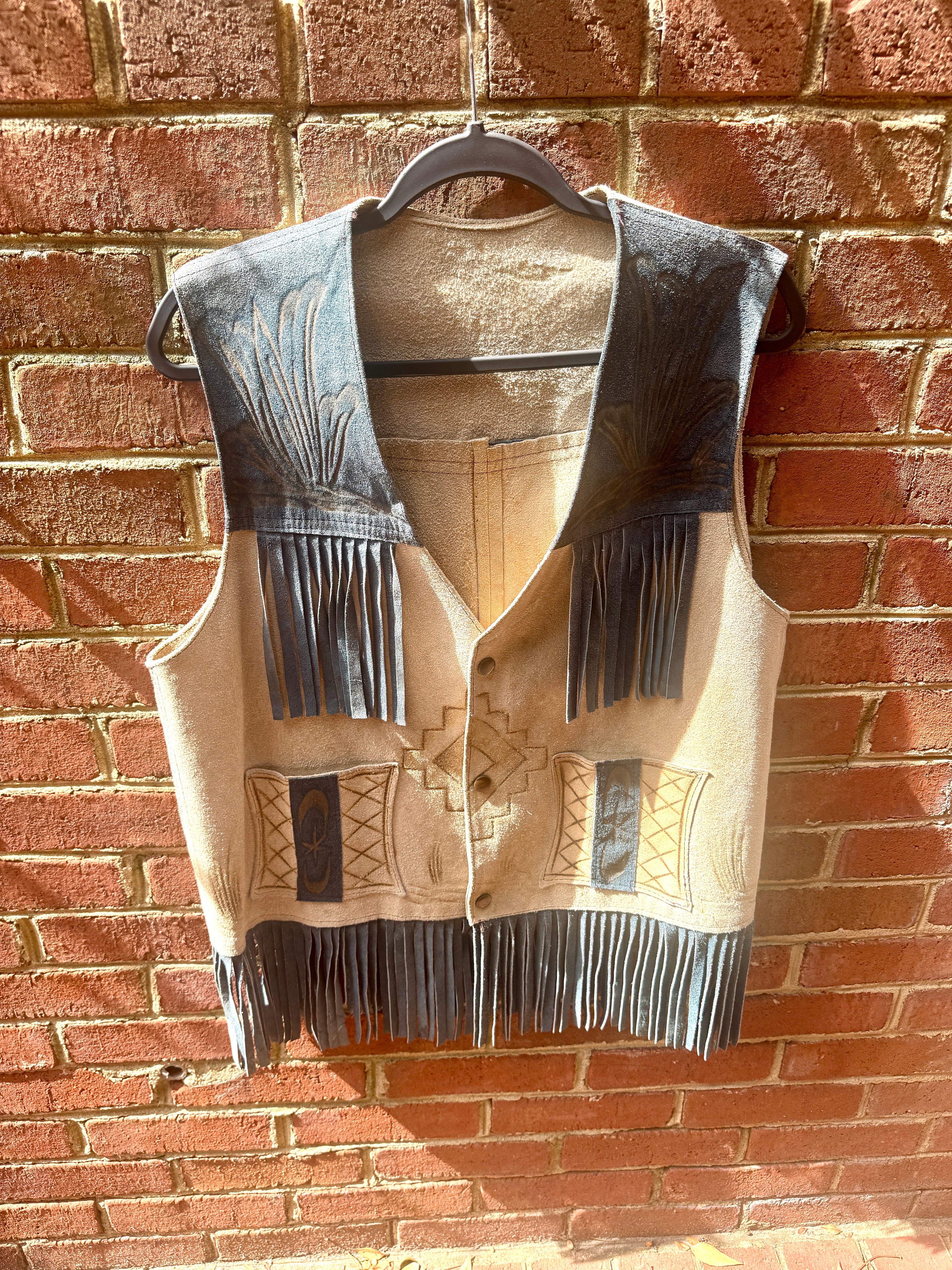 Vtg Suede Fringe Pyrography Rooster Vest | Blue Fringe and Yoke Western Style Vest