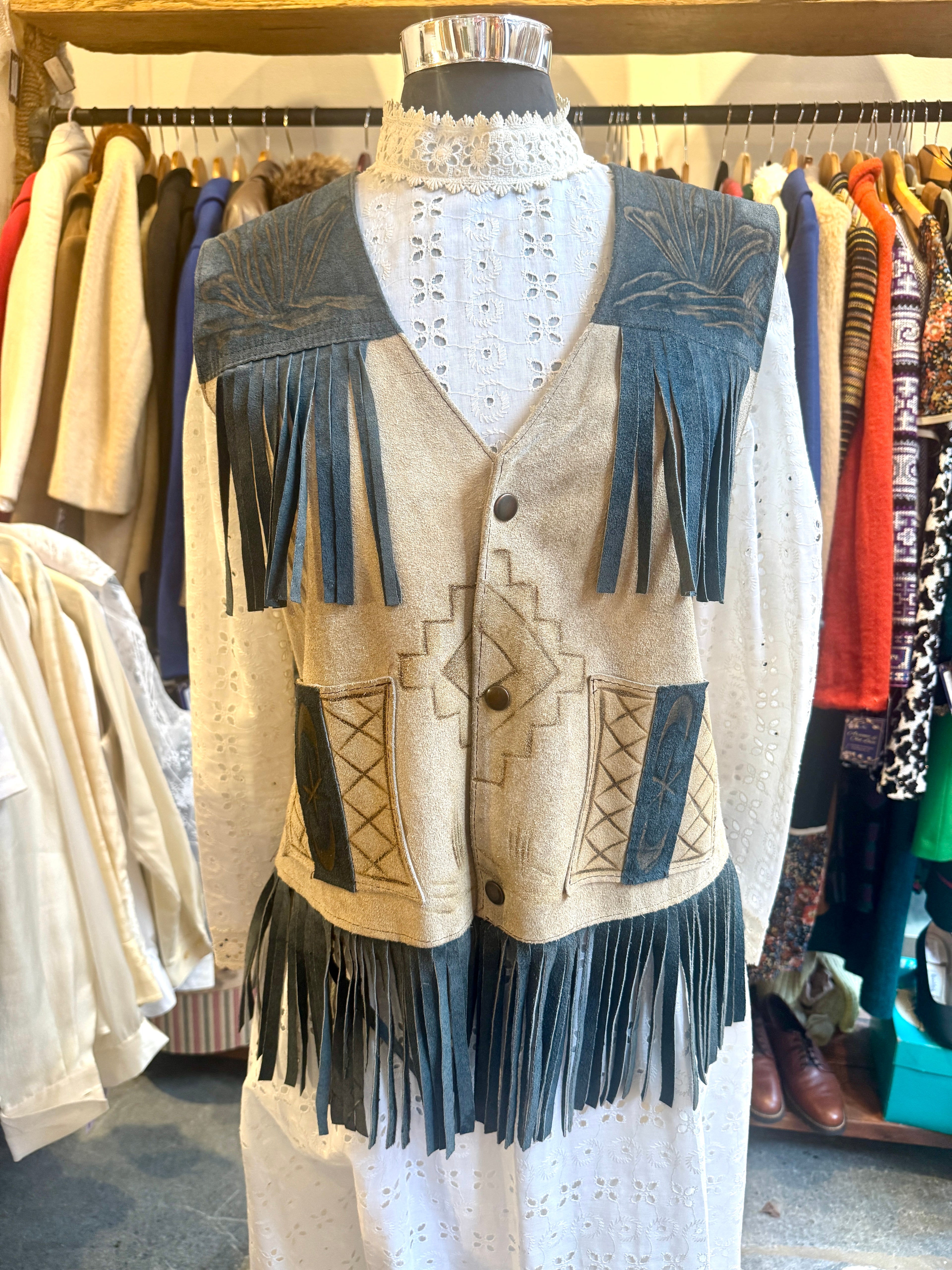 Vtg Suede Fringe Pyrography Rooster Vest | Blue Fringe and Yoke Western Style Vest