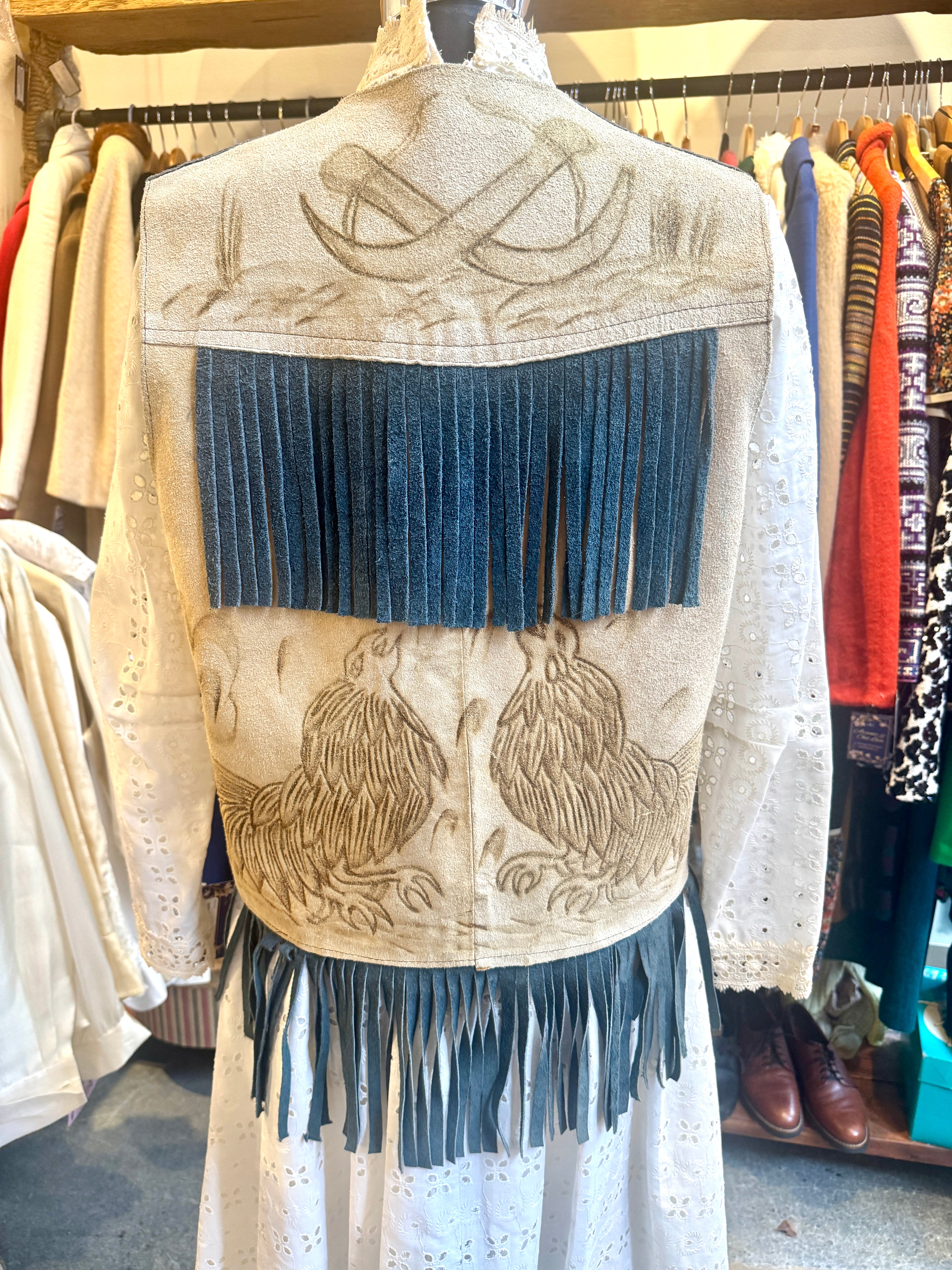 Vtg Suede Fringe Pyrography Rooster Vest | Blue Fringe and Yoke Western Style Vest