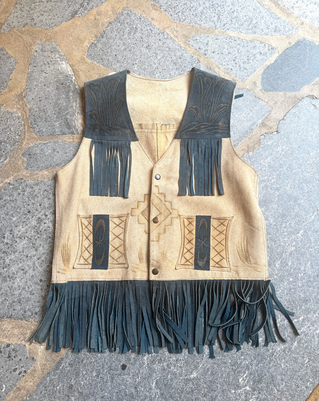 Vtg Suede Fringe Pyrography Rooster Vest | Blue Fringe and Yoke Western Style Vest