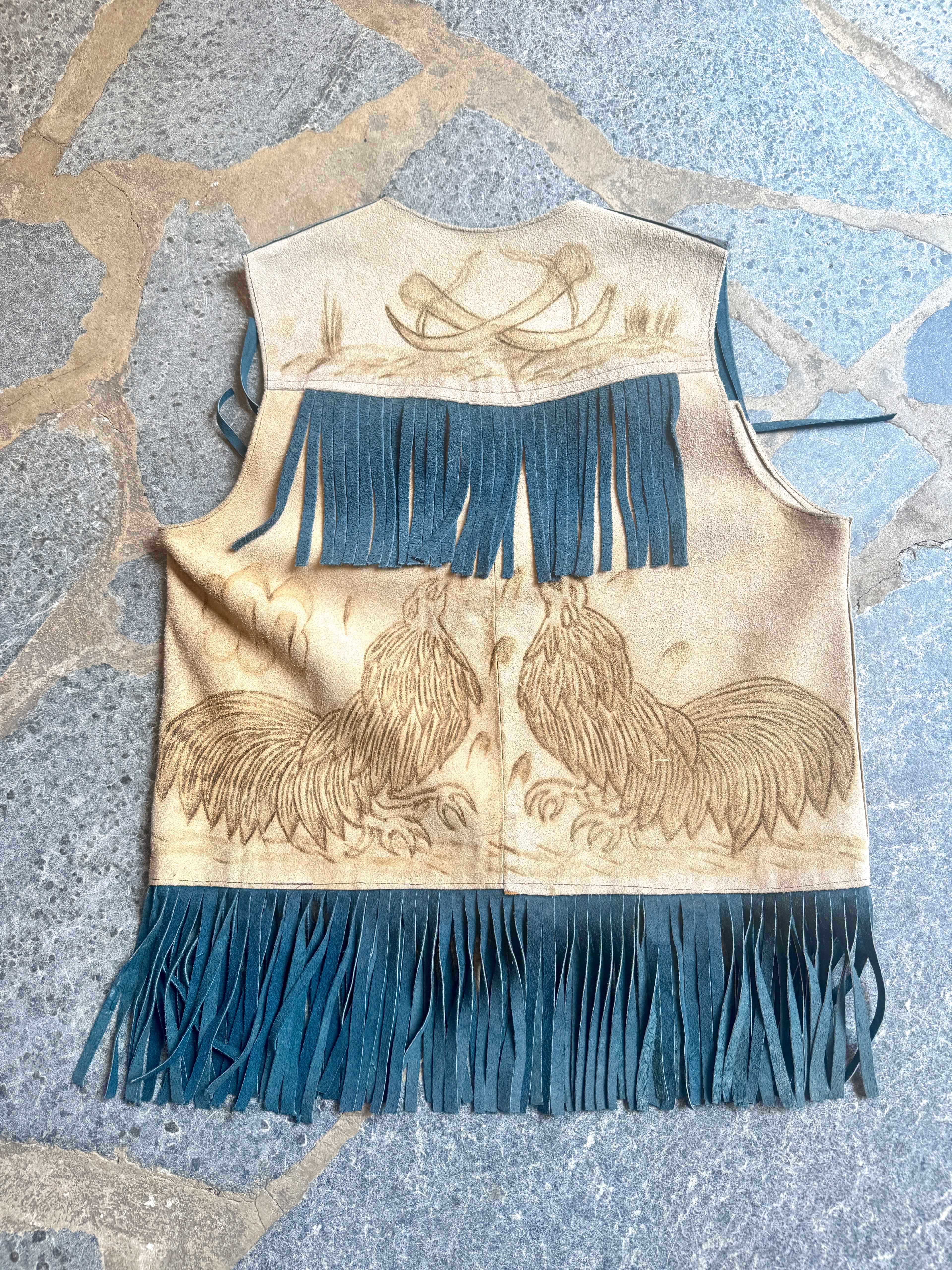 Vtg Suede Fringe Pyrography Rooster Vest | Blue Fringe and Yoke Western Style Vest