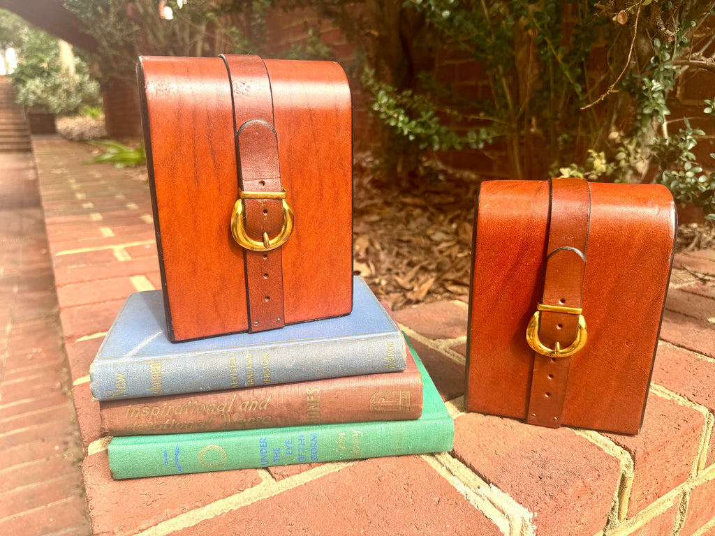 Vtg Equestrian Leather and Brass Buckle Bookends