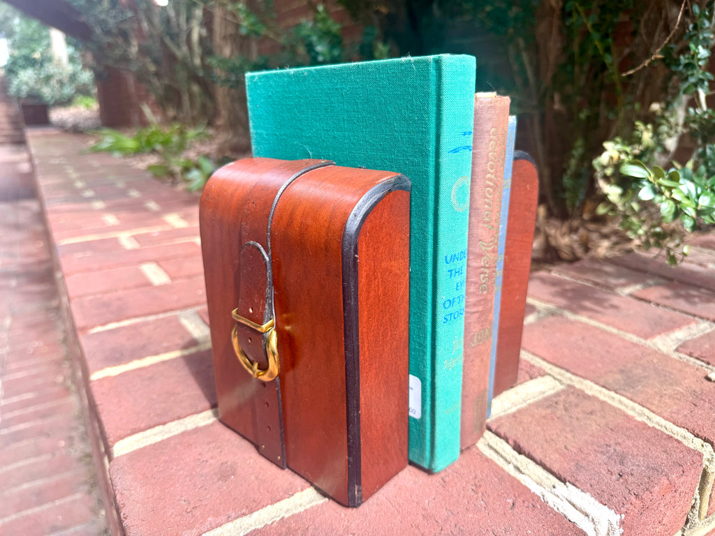 Vtg Equestrian Leather and Brass Buckle Bookends