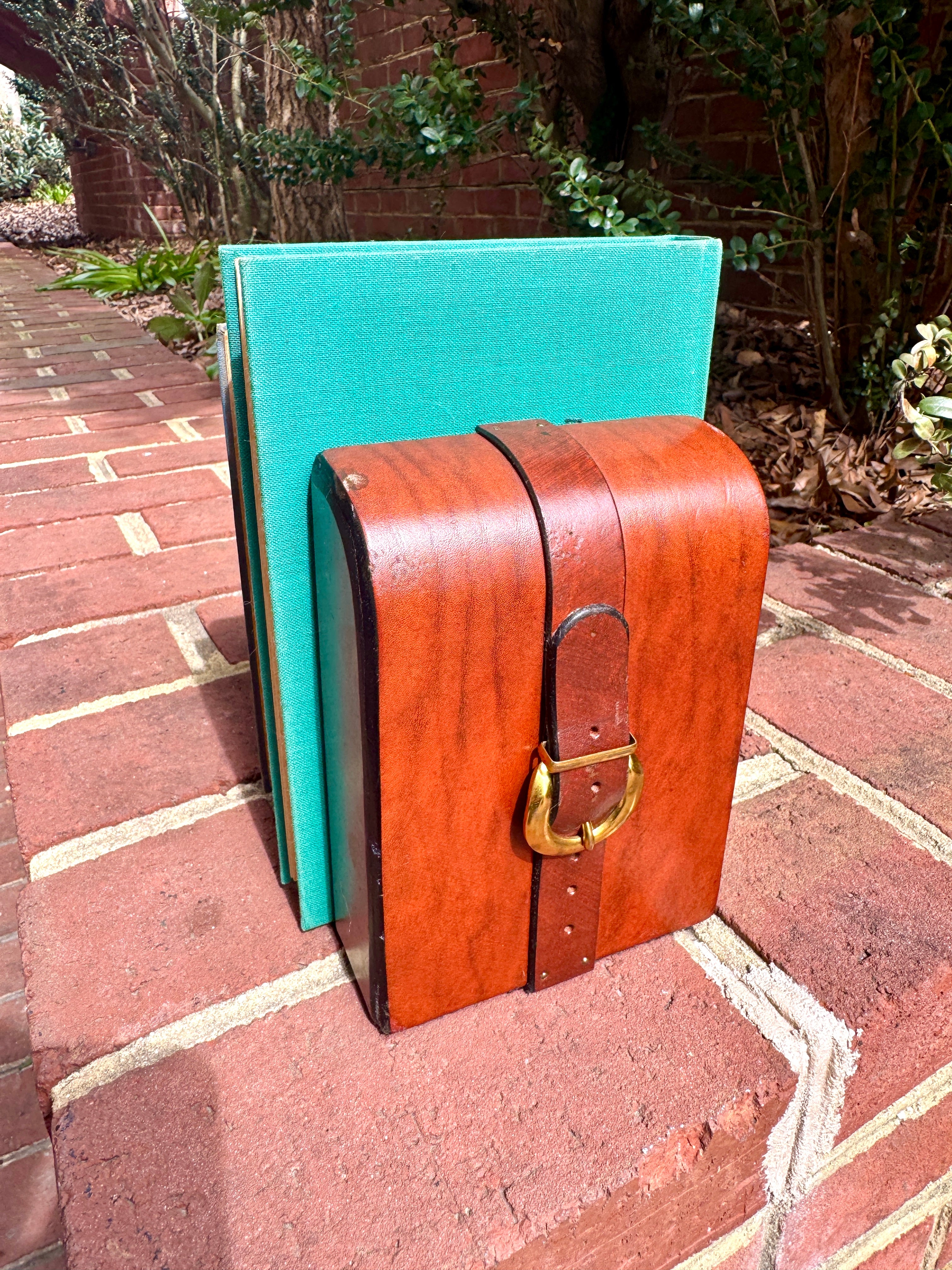 Vtg Equestrian Leather and Brass Buckle Bookends