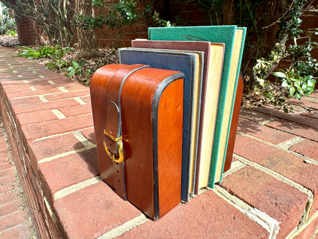 Vtg Equestrian Leather and Brass Buckle Bookends