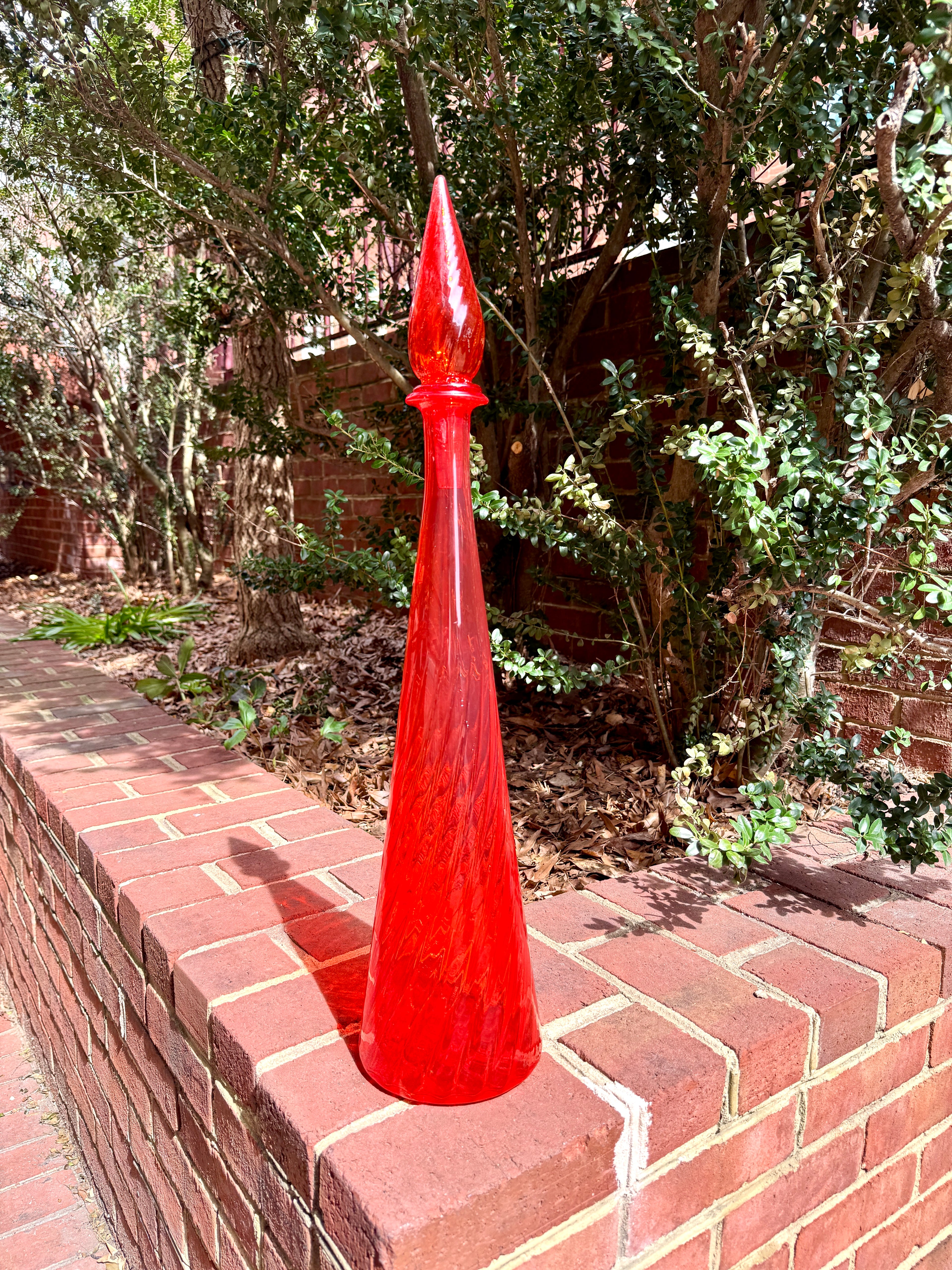 Large Flame Red Swirl Empoli Glass Bottle | Red Italian Glass Decanter | 24 1/2" Genie Bottle | Red Swirl Glass Bohemian Style Bottle