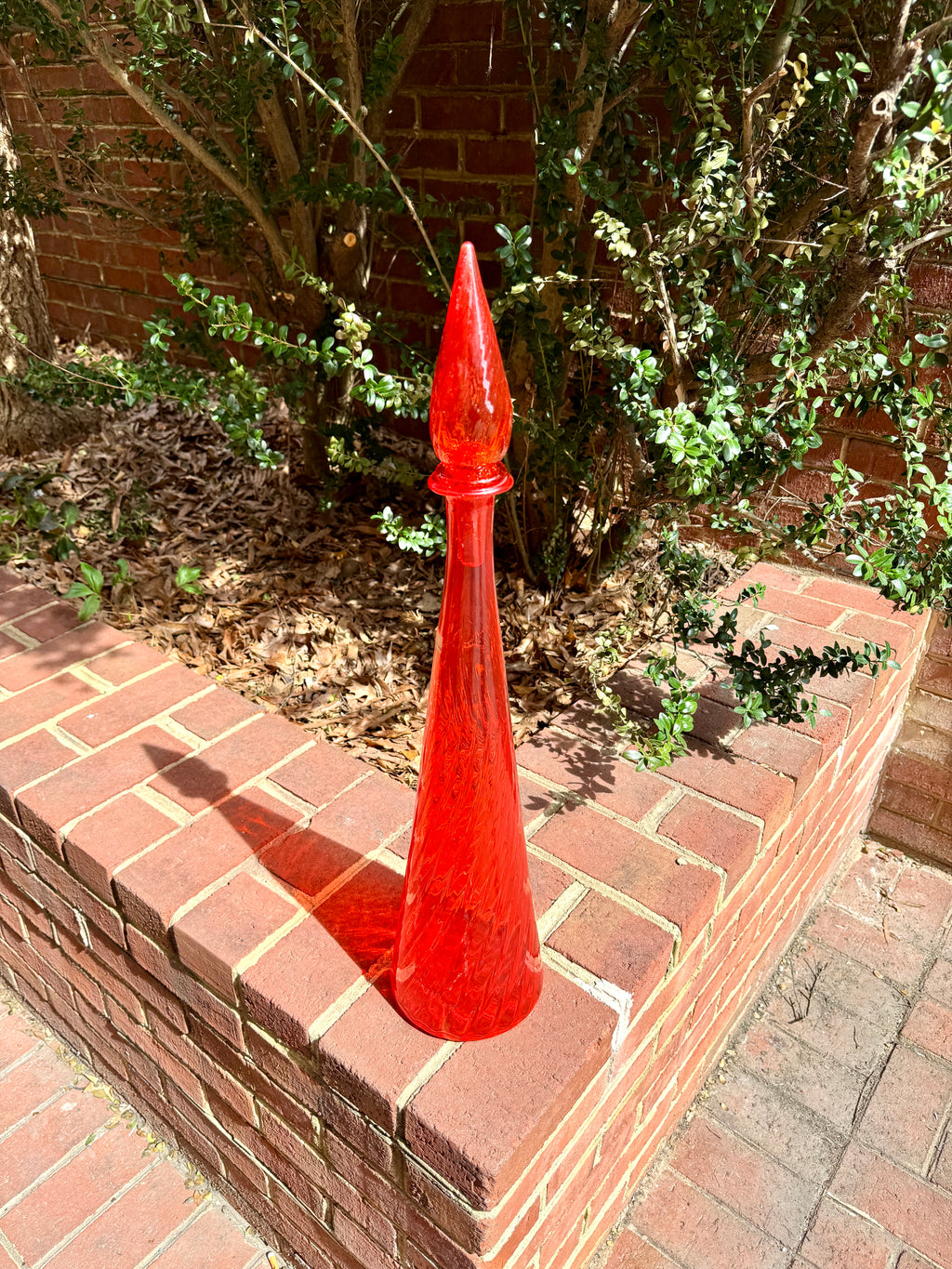 Large Flame Red Swirl Empoli Glass Bottle | Red Italian Glass Decanter | 24 1/2" Genie Bottle | Red Swirl Glass Bohemian Style Bottle