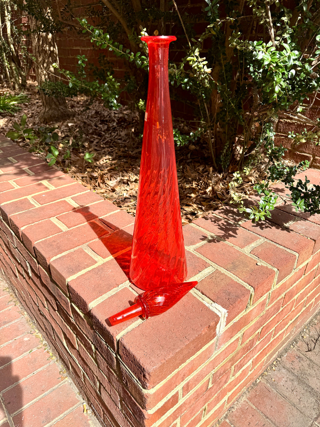 Large Flame Red Swirl Empoli Glass Bottle | Red Italian Glass Decanter | 24 1/2" Genie Bottle | Red Swirl Glass Bohemian Style Bottle