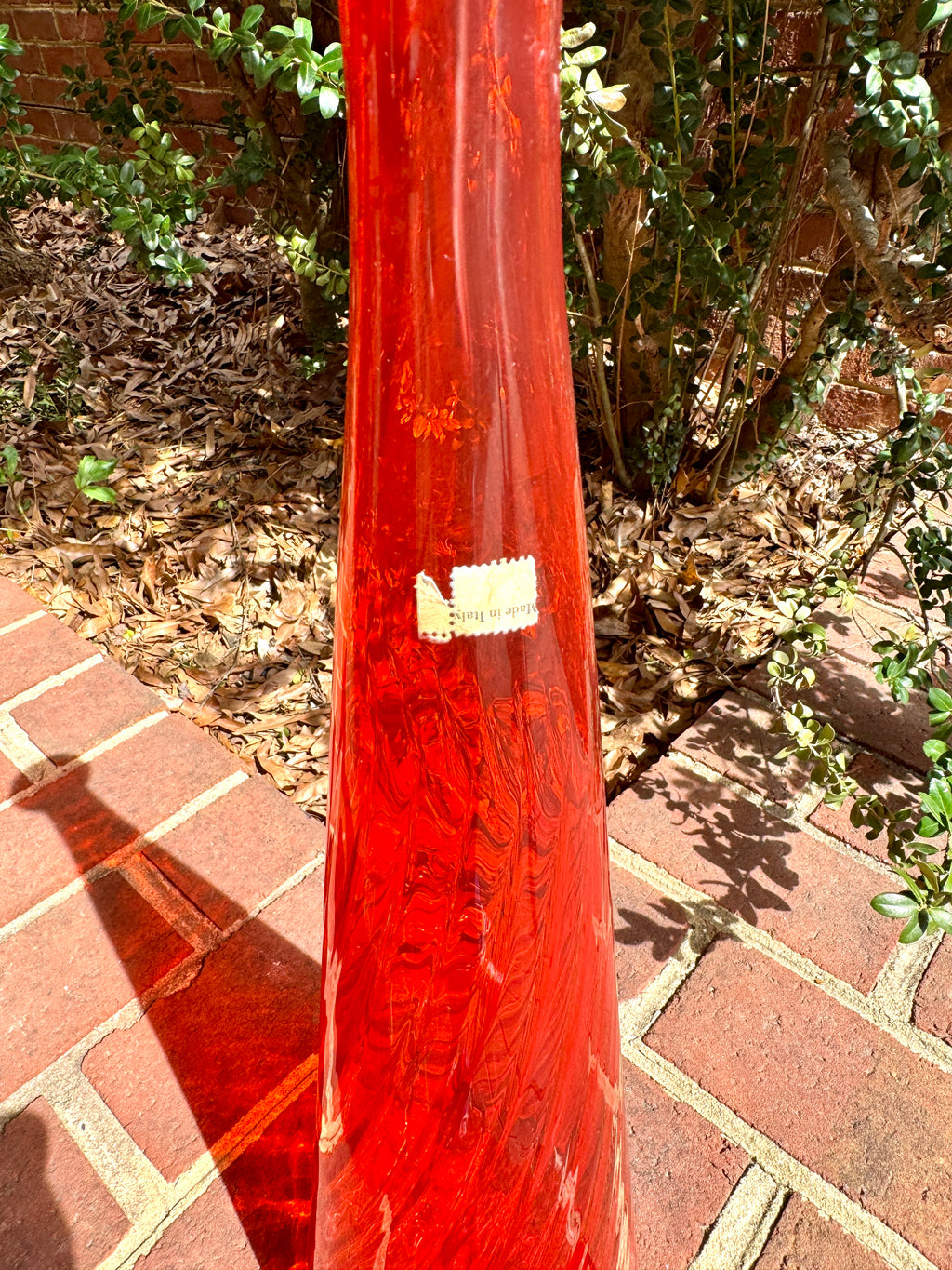 Large Flame Red Swirl Empoli Glass Bottle | Red Italian Glass Decanter | 24 1/2" Genie Bottle | Red Swirl Glass Bohemian Style Bottle