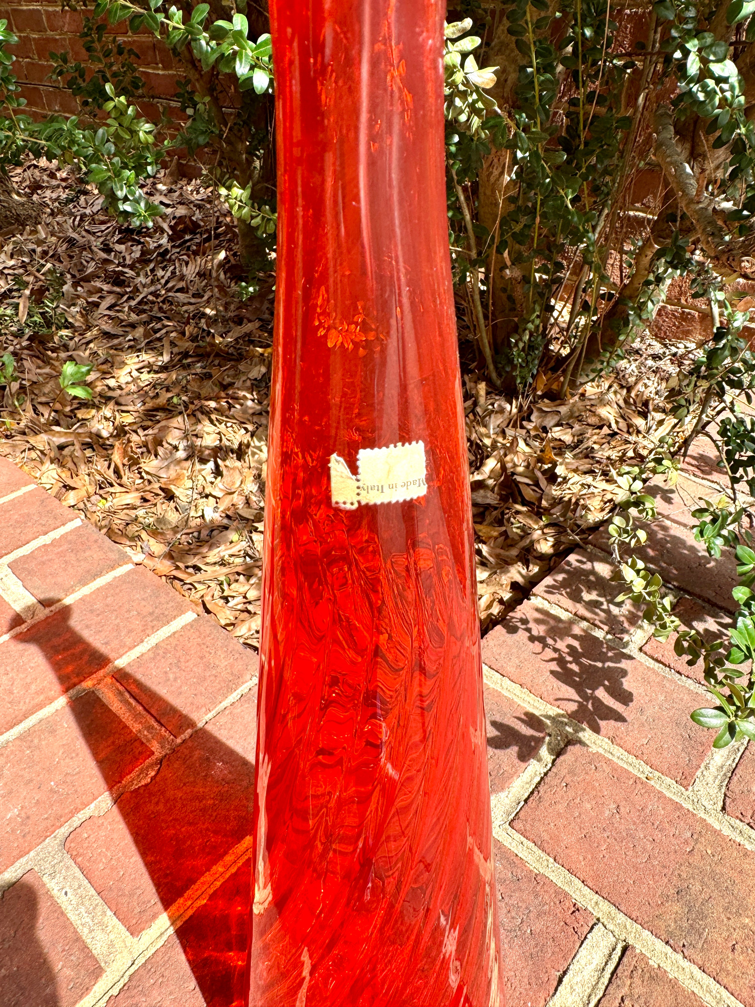 Large Flame Red Swirl Empoli Glass Bottle | Red Italian Glass Decanter | 24 1/2" Genie Bottle | Red Swirl Glass Bohemian Style Bottle