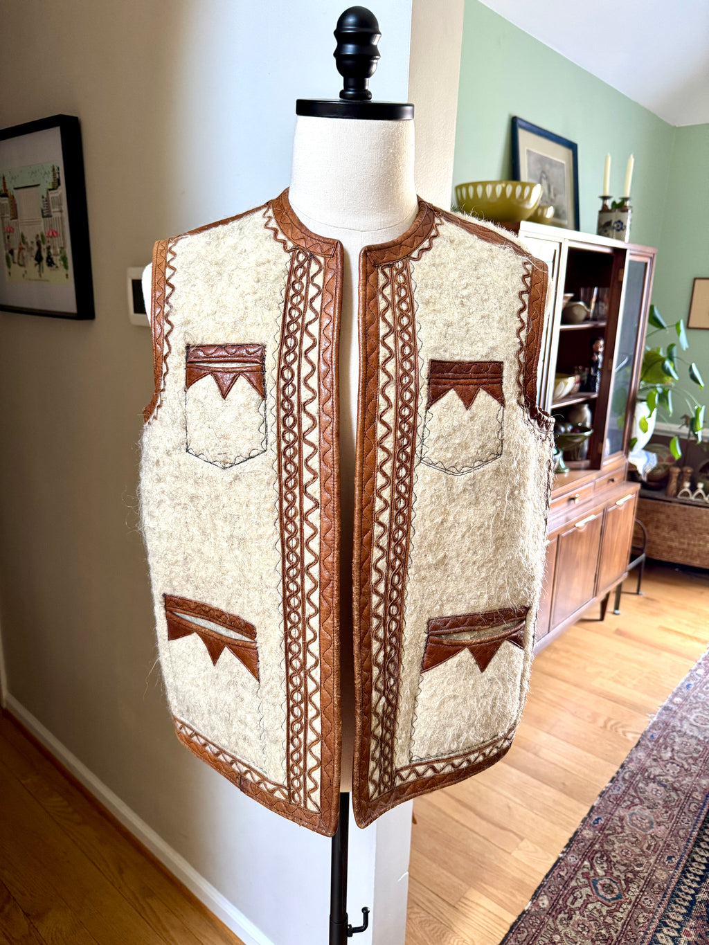 1960's Nomadic Icelandic Sheeps Wool & Leather Vest ~ Handmade Leather & Wool Vest