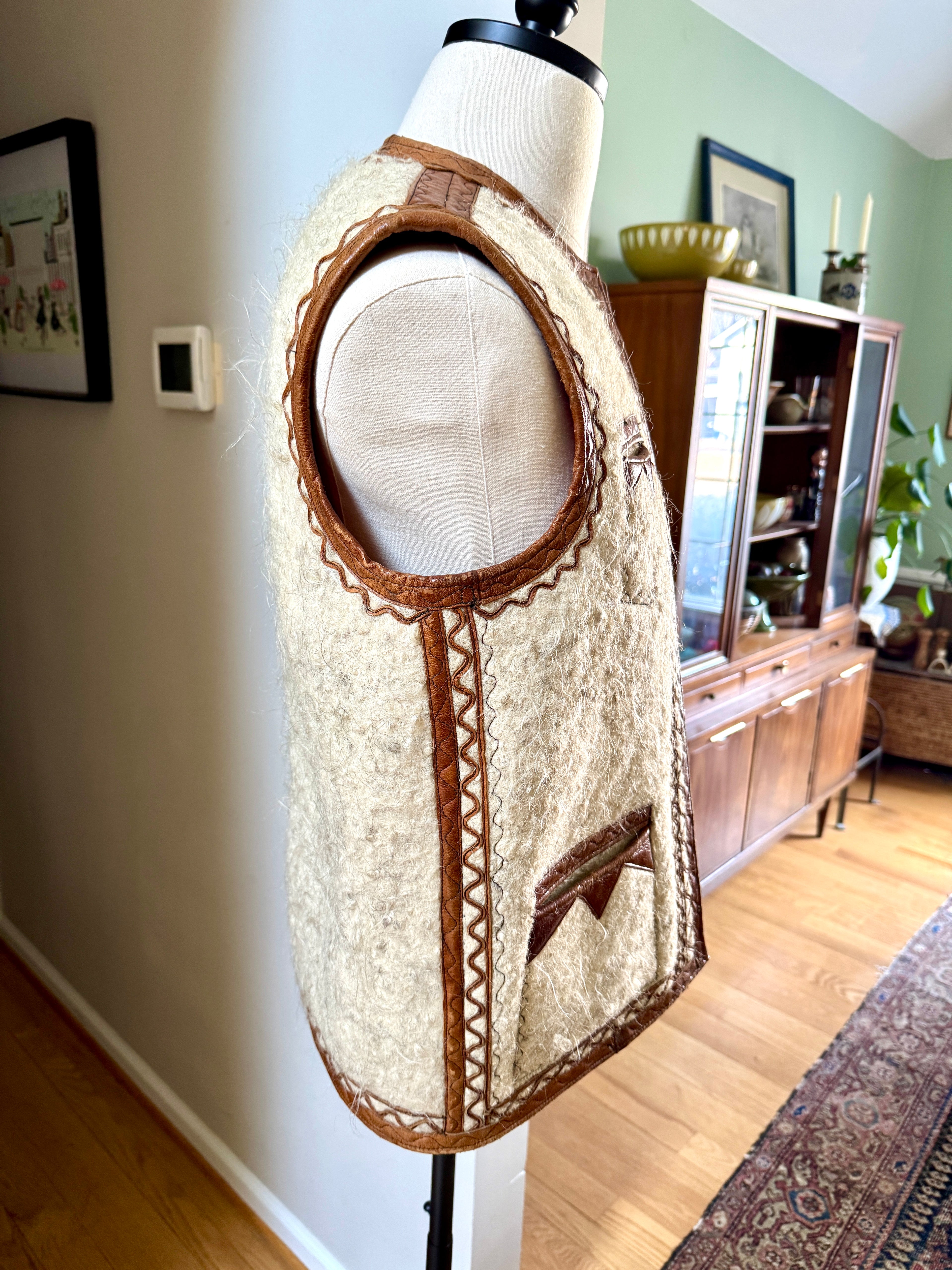 1960's Nomadic Icelandic Sheeps Wool & Leather Vest ~ Handmade Leather & Wool Vest