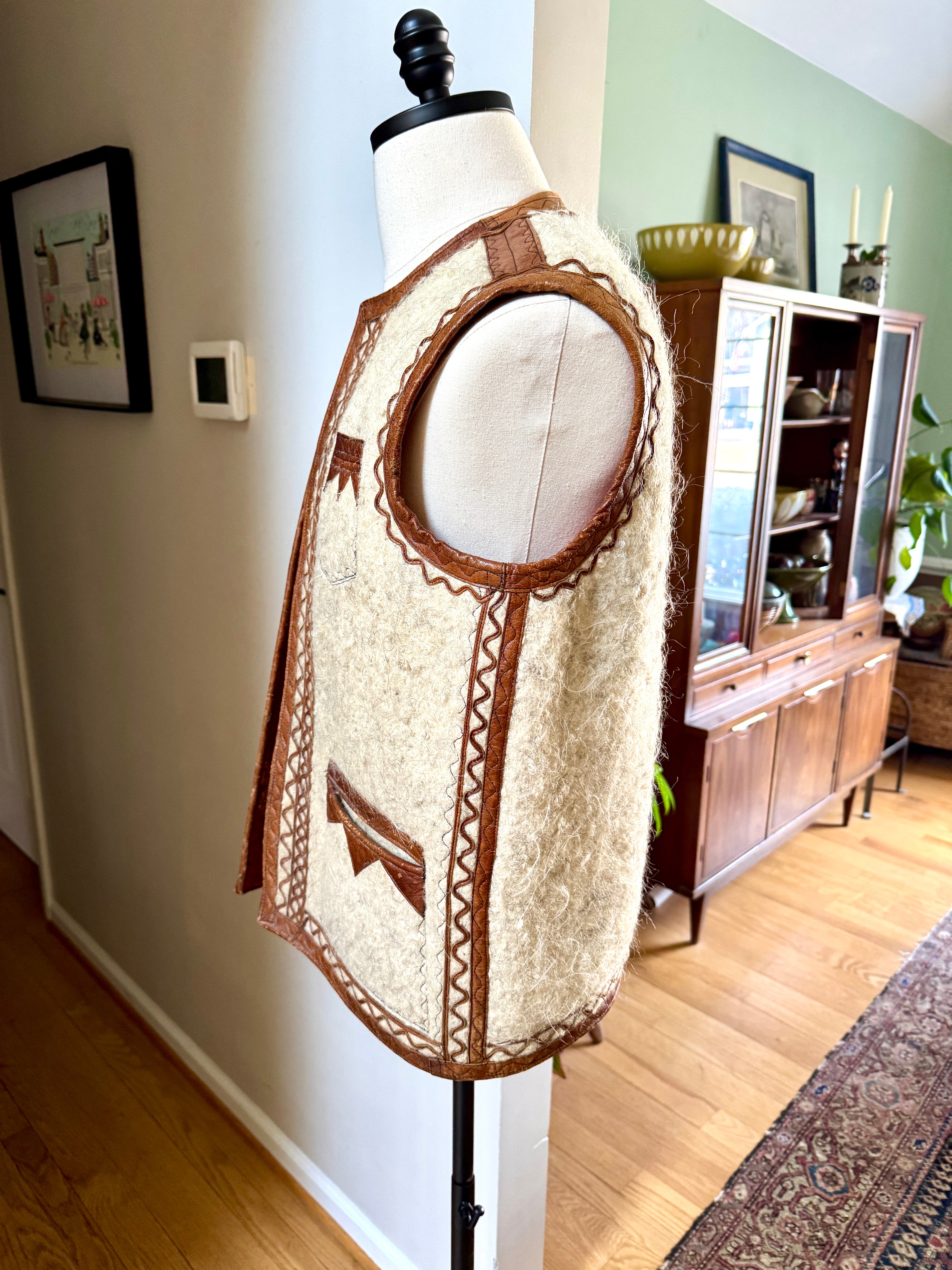 1960's Nomadic Icelandic Sheeps Wool & Leather Vest ~ Handmade Leather & Wool Vest