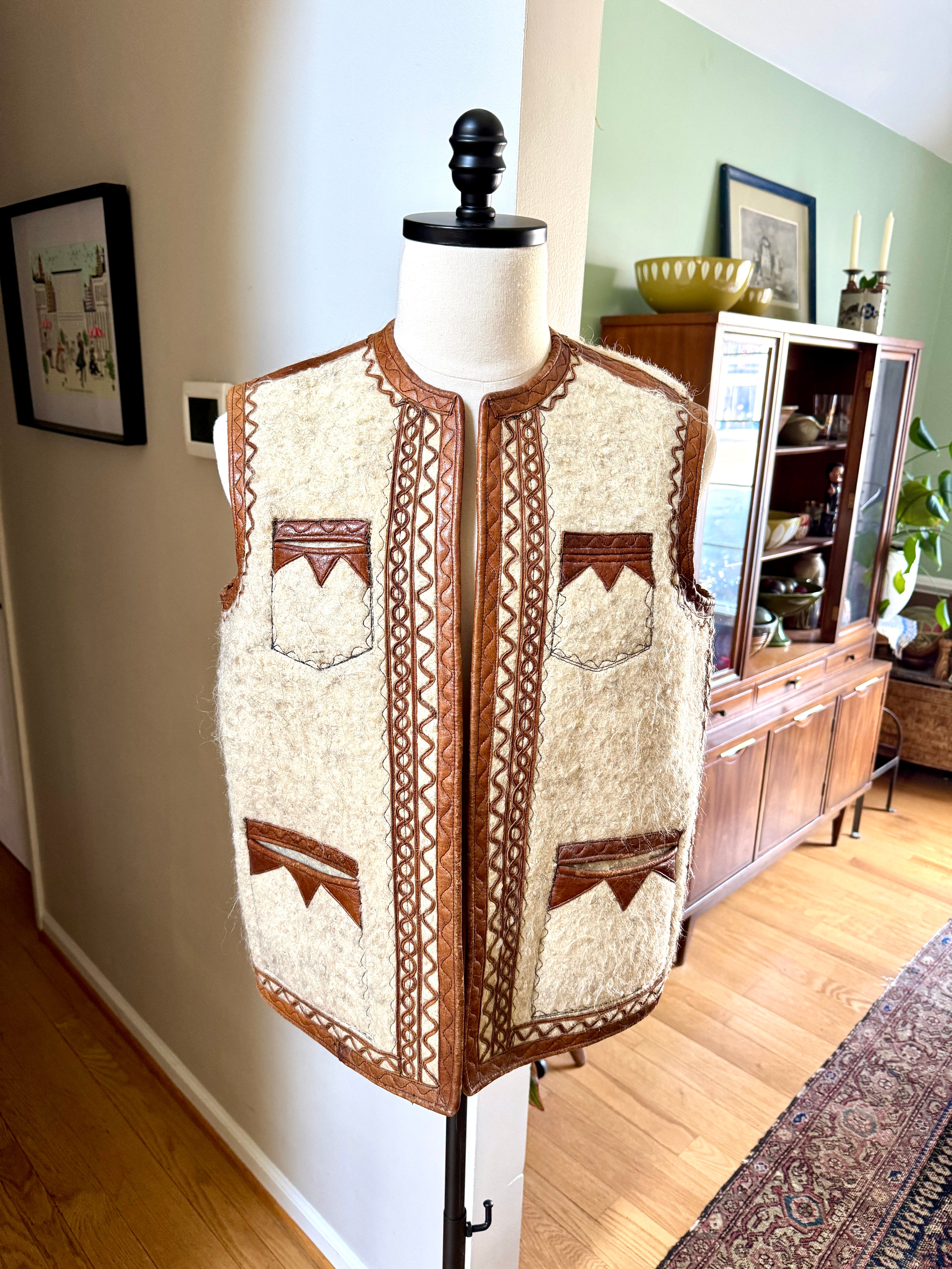 1960's Nomadic Icelandic Sheeps Wool & Leather Vest ~ Handmade Leather & Wool Vest