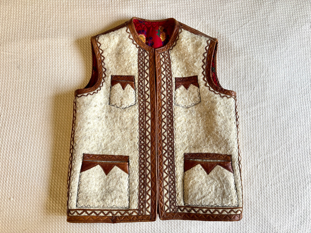 1960's Nomadic Icelandic Sheeps Wool & Leather Vest ~ Handmade Leather & Wool Vest