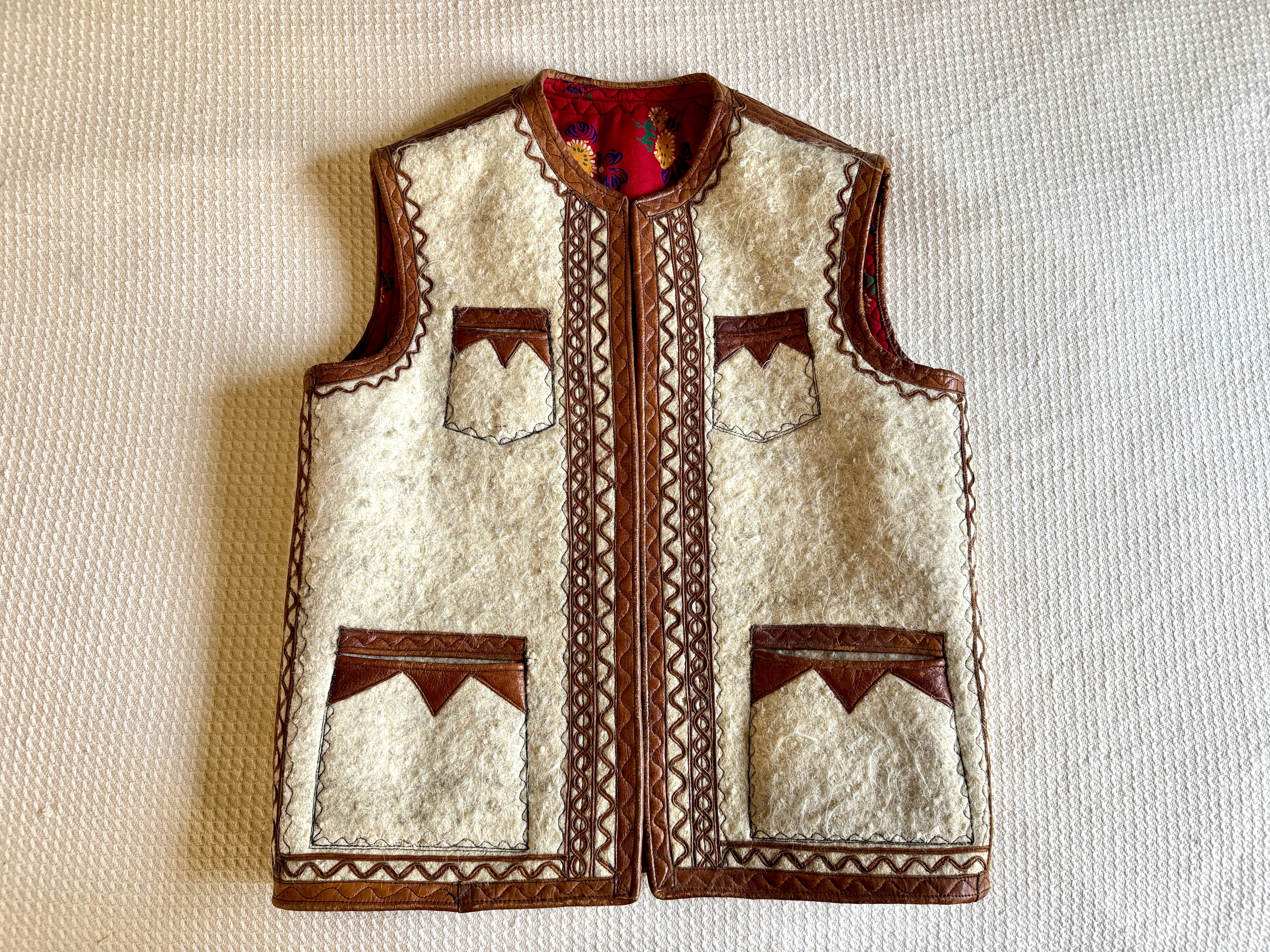 1960's Nomadic Icelandic Sheeps Wool & Leather Vest ~ Handmade Leather & Wool Vest