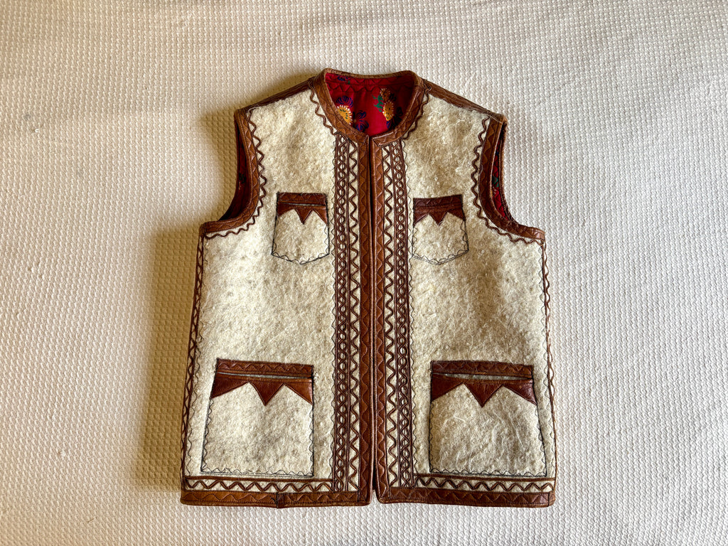 1960's Nomadic Icelandic Sheeps Wool & Leather Vest ~ Handmade Leather & Wool Vest