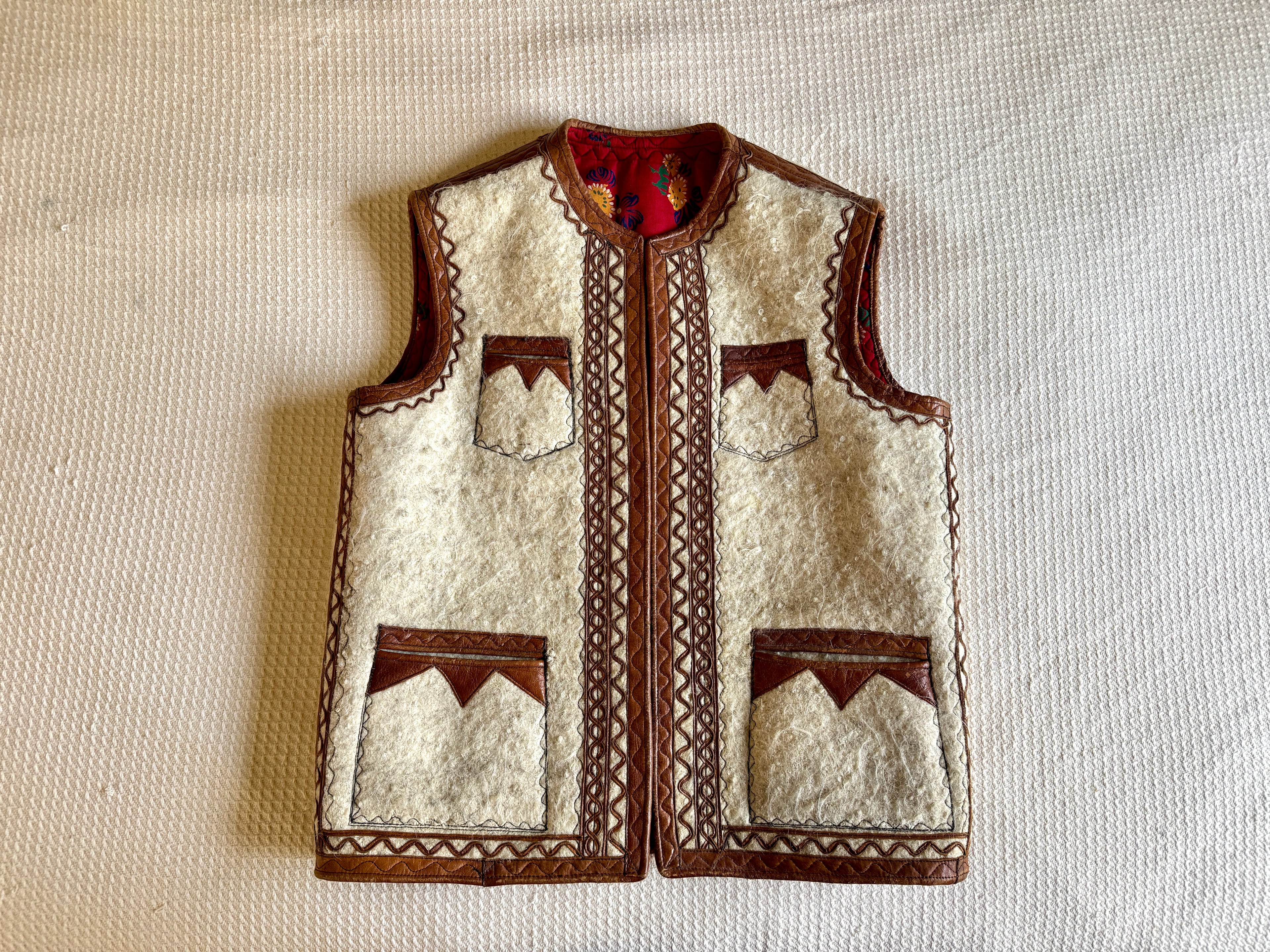 1960's Nomadic Icelandic Sheeps Wool & Leather Vest ~ Handmade Leather & Wool Vest