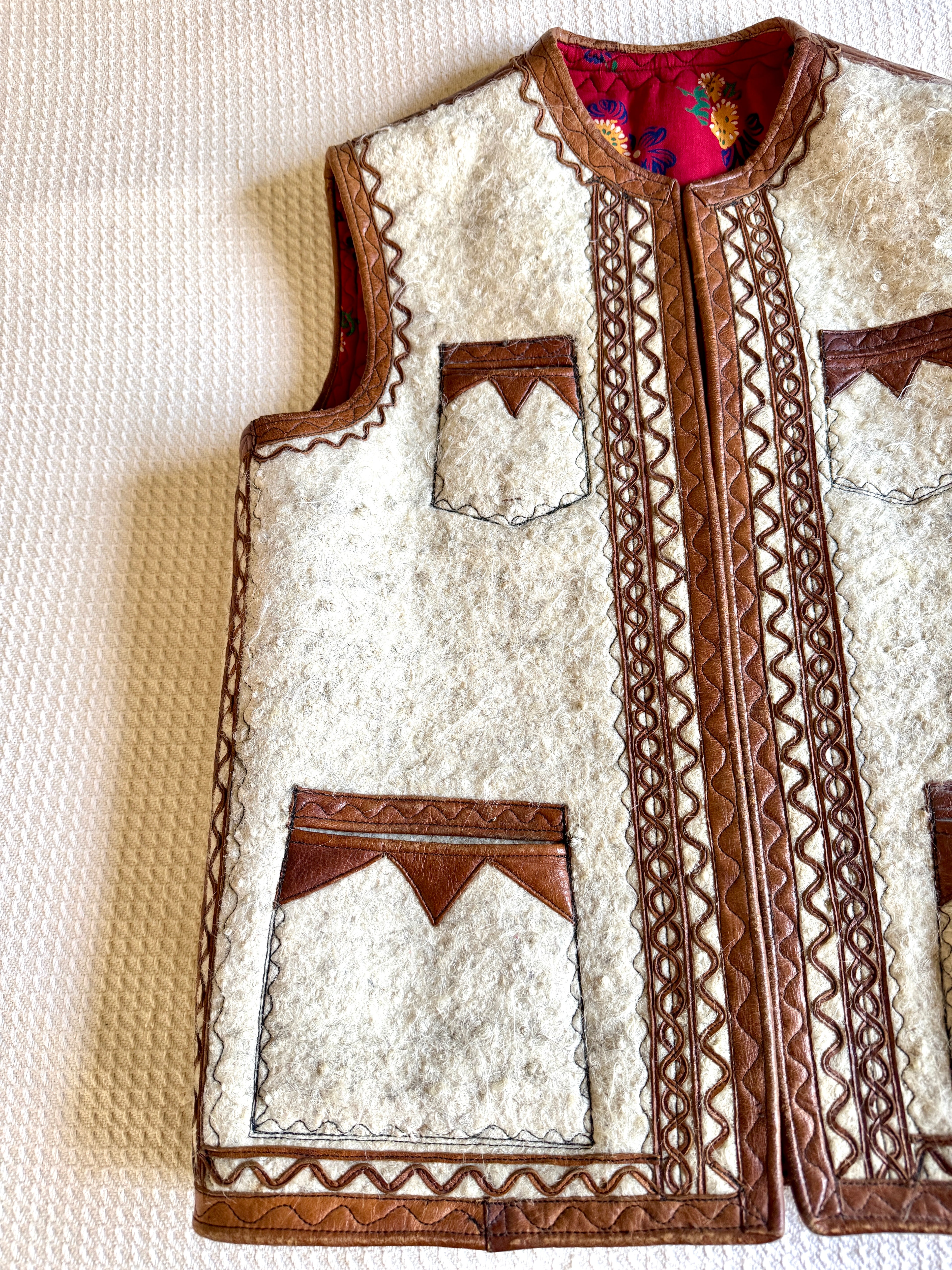 1960's Nomadic Icelandic Sheeps Wool & Leather Vest ~ Handmade Leather & Wool Vest