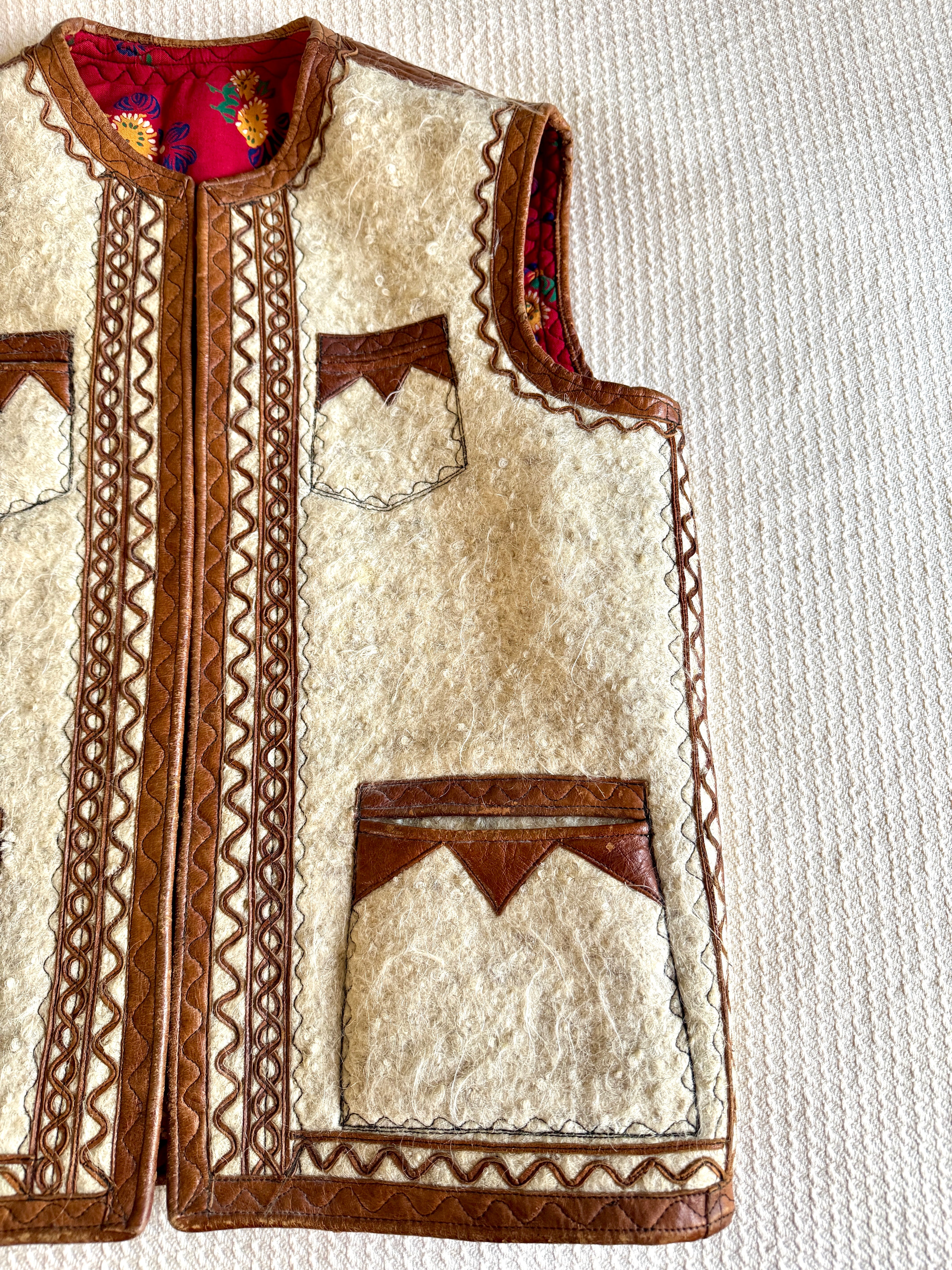 1960's Nomadic Icelandic Sheeps Wool & Leather Vest ~ Handmade Leather & Wool Vest