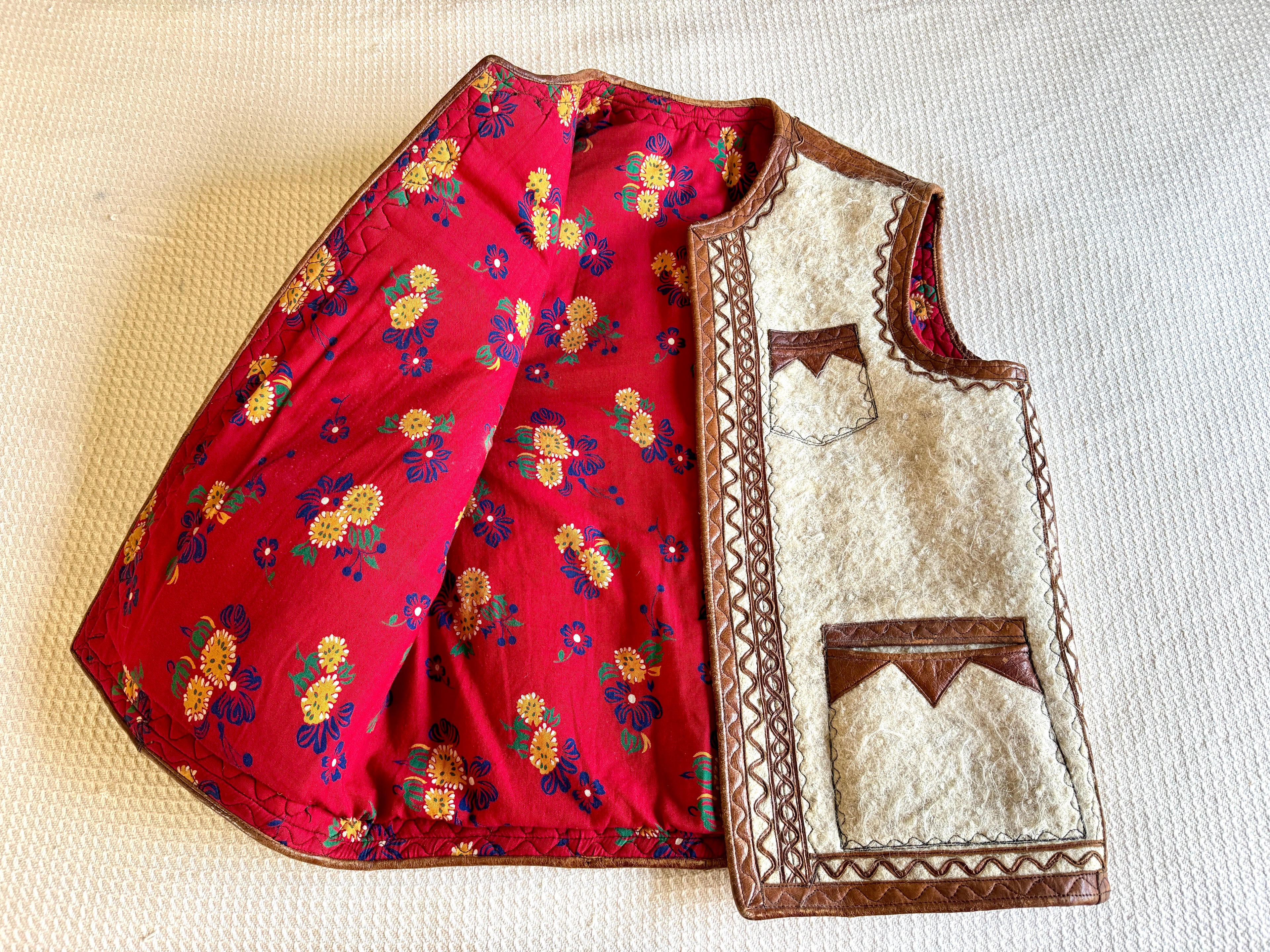 1960's Nomadic Icelandic Sheeps Wool & Leather Vest ~ Handmade Leather & Wool Vest