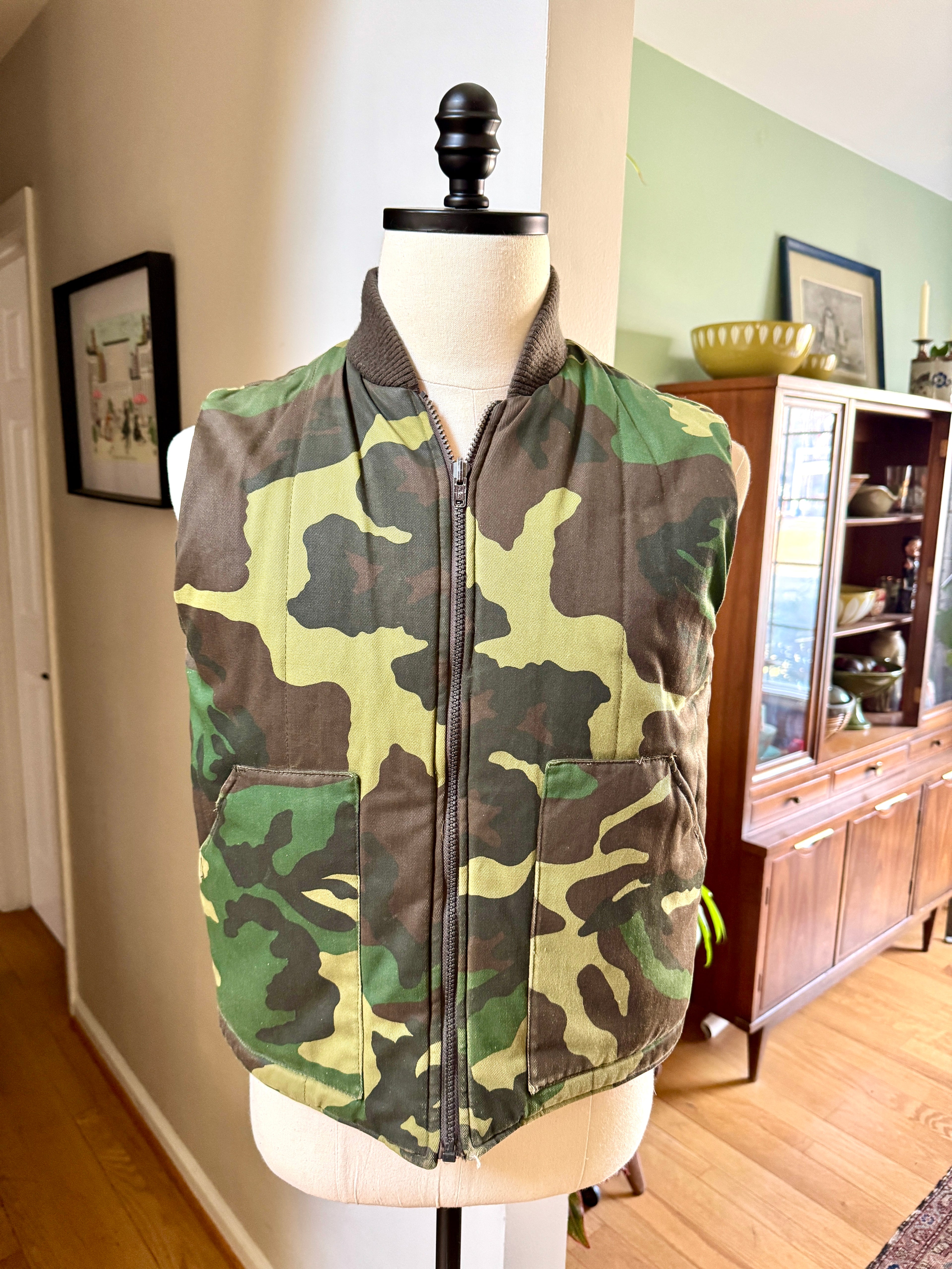 1980's A&N Green Woodland Camo Vest with Reversible Hunting Orange Puffy Vest (S)