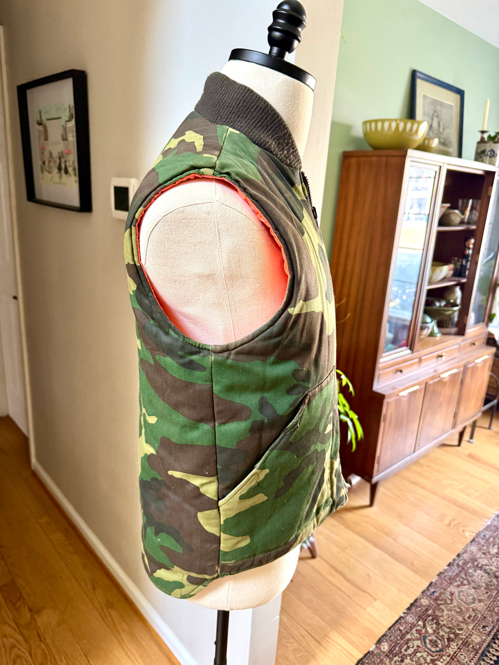 1980's A&N Green Woodland Camo Vest with Reversible Hunting Orange Puffy Vest (S)