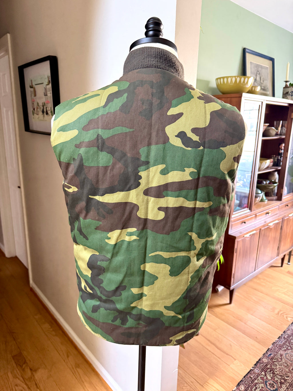 1980's A&N Green Woodland Camo Vest with Reversible Hunting Orange Puffy Vest (S)