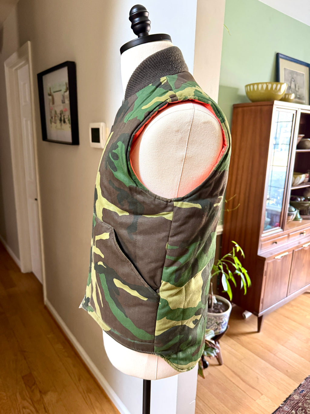 1980's A&N Green Woodland Camo Vest with Reversible Hunting Orange Puffy Vest (S)