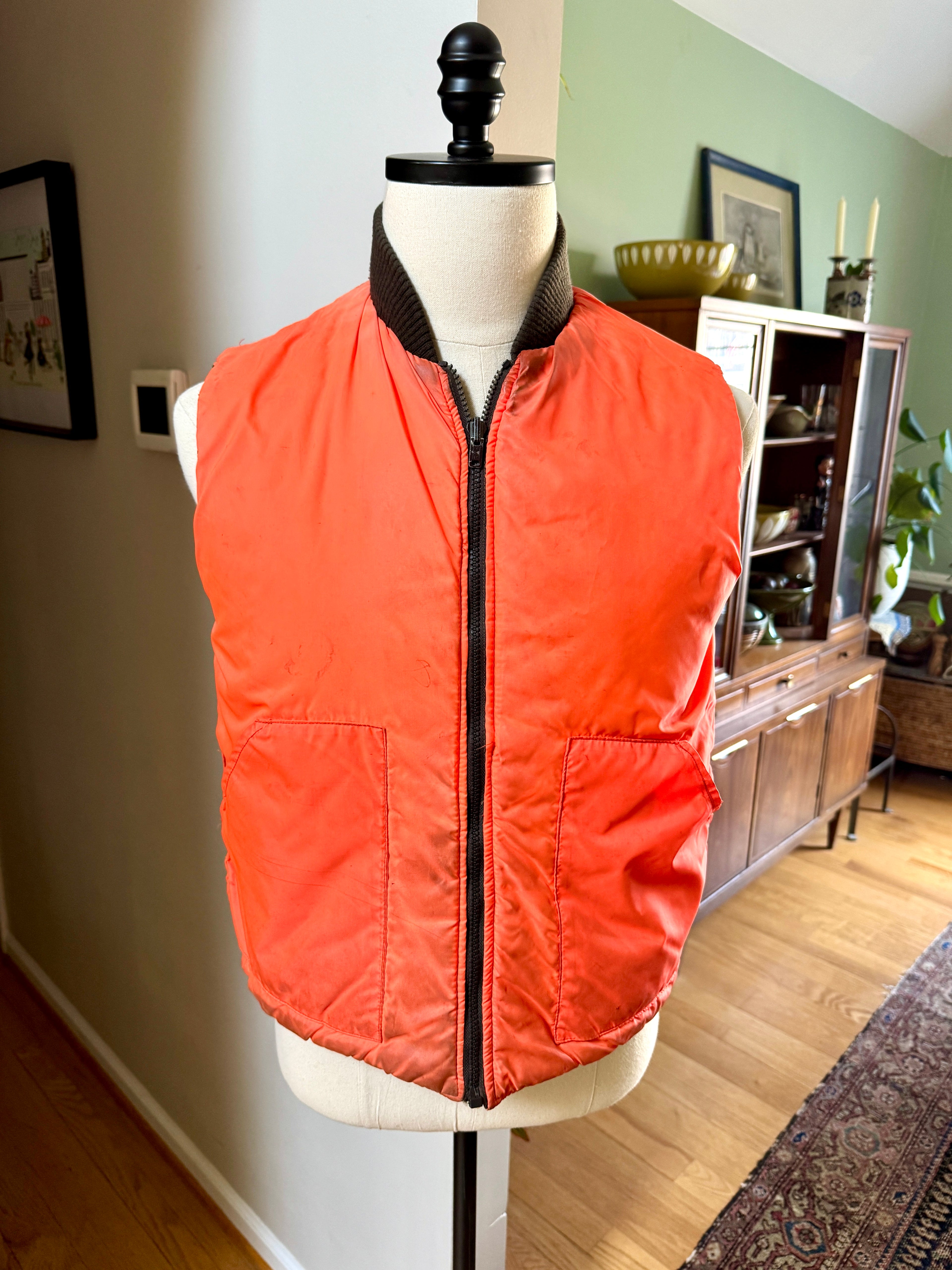 1980's A&N Green Woodland Camo Vest with Reversible Hunting Orange Puffy Vest (S)