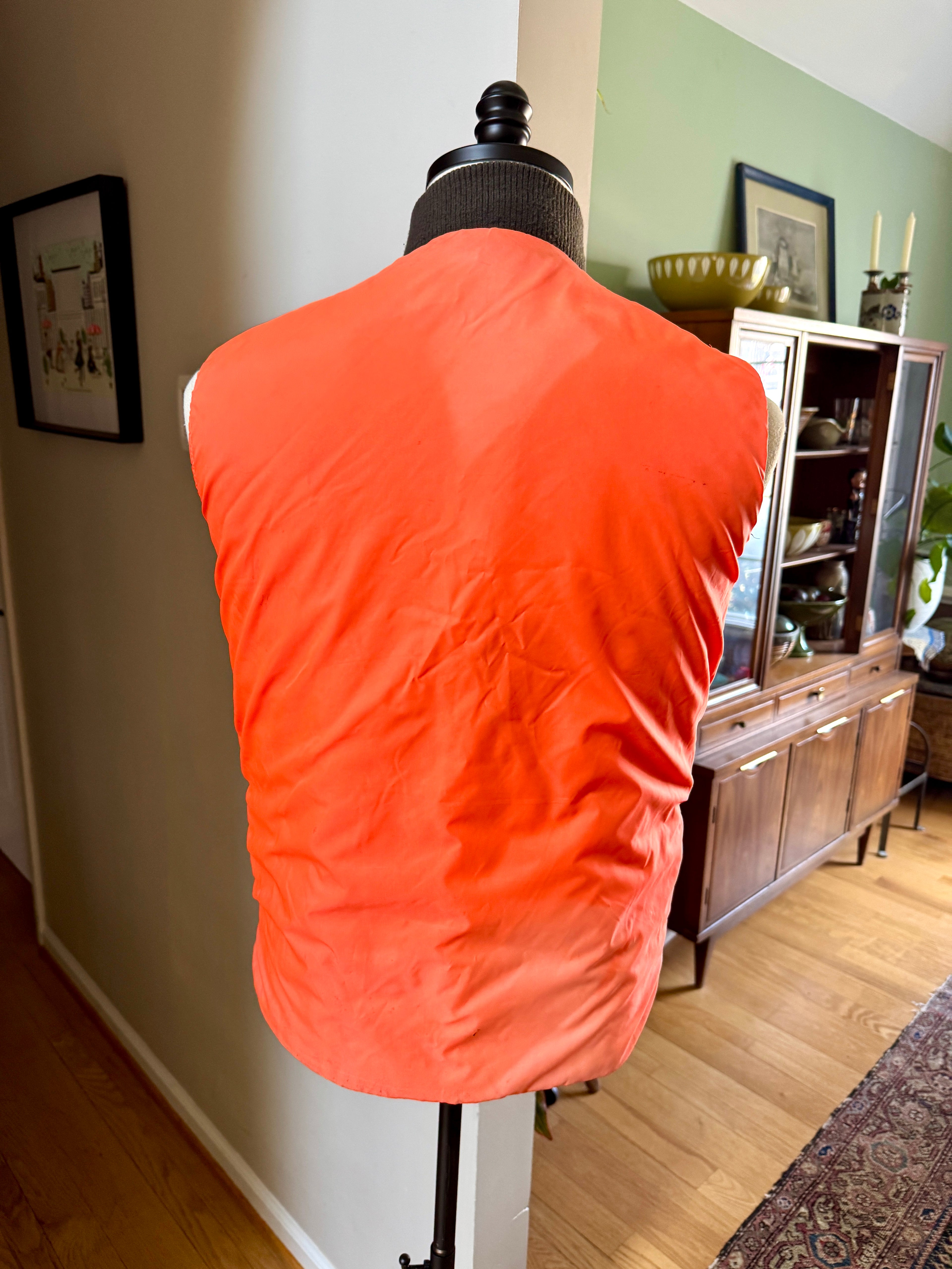 1980's A&N Green Woodland Camo Vest with Reversible Hunting Orange Puffy Vest (S)